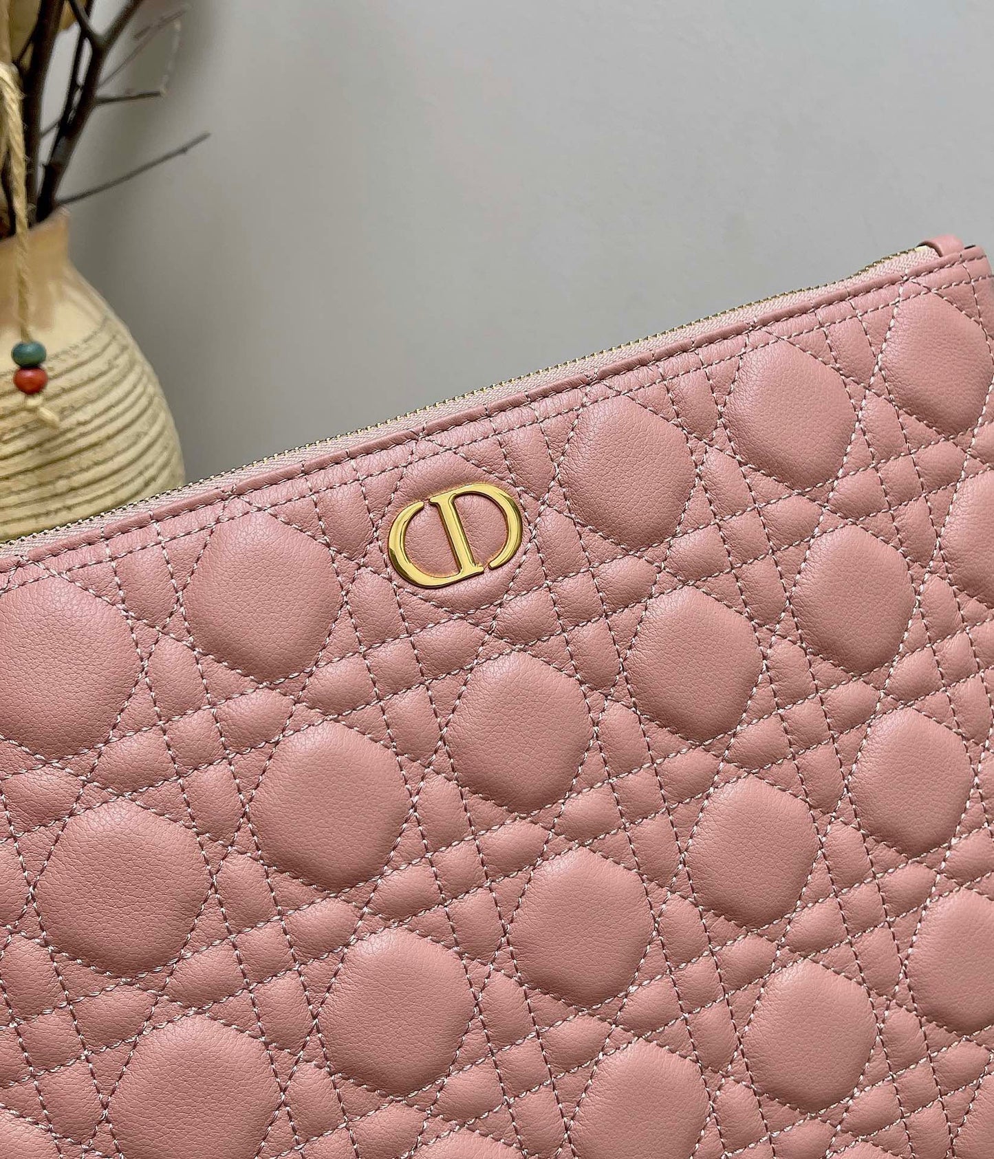 Dior Large Caro Daily Pouch In Pink With Calfskin