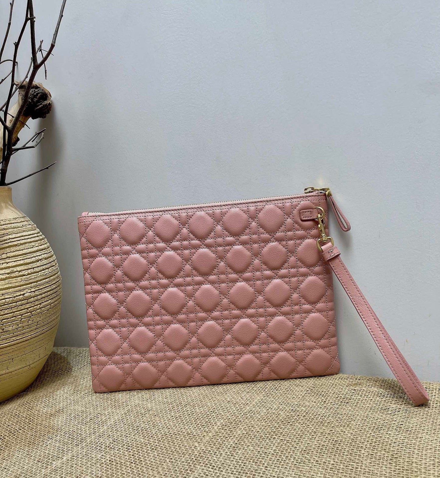 Dior Large Caro Daily Pouch In Pink With Calfskin