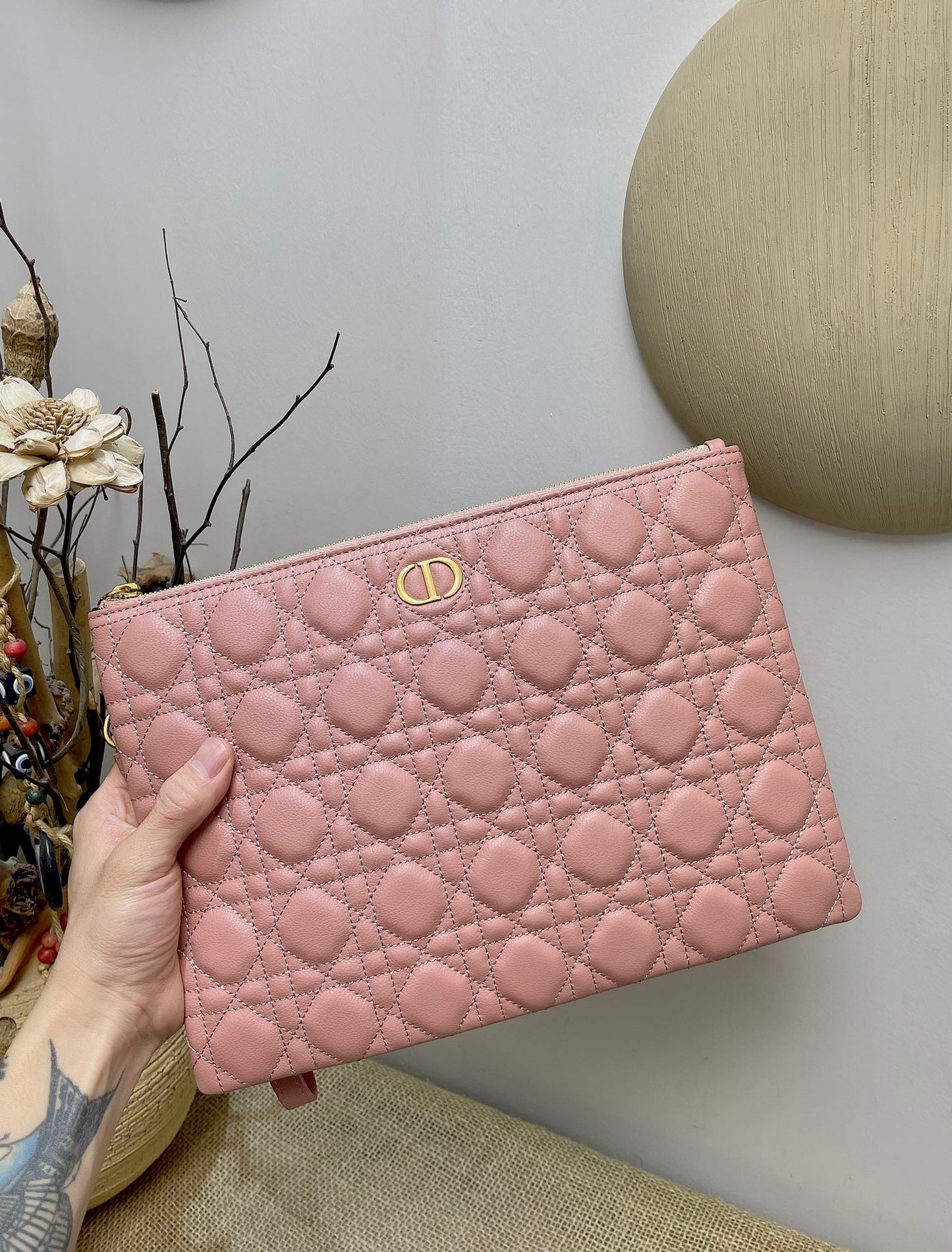 Dior Large Caro Daily Pouch In Pink With Calfskin