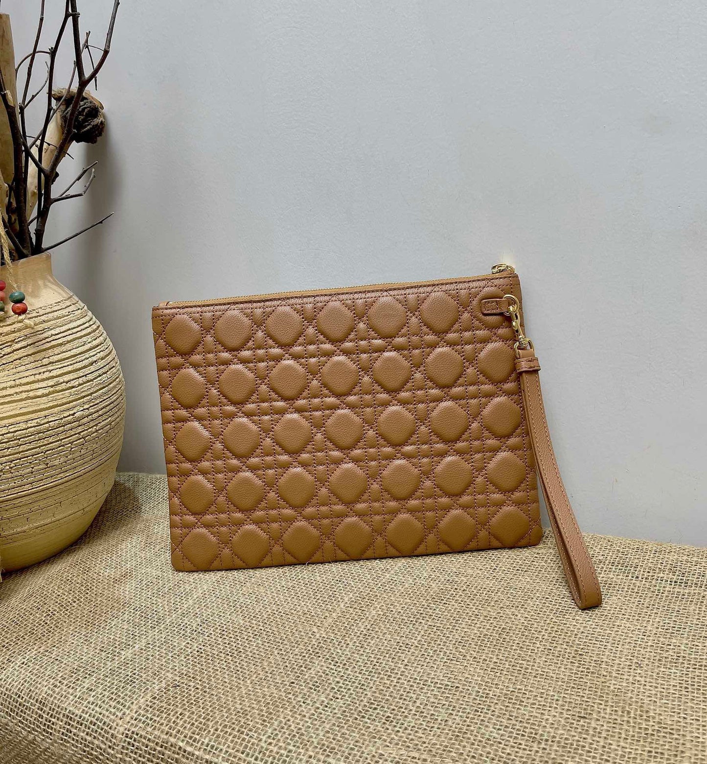 Dior Large Caro Daily Pouch In Brown With Calfskin