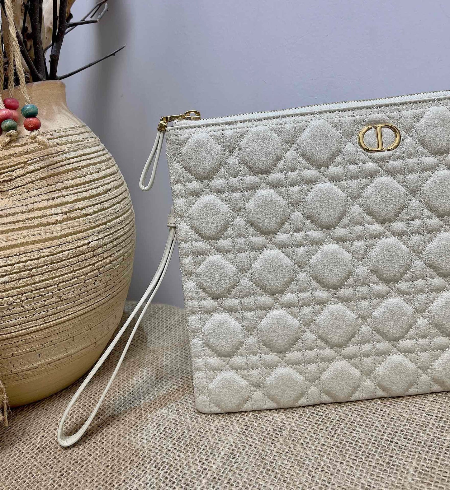 Dior Large Caro Daily Pouch In White With Calfskin