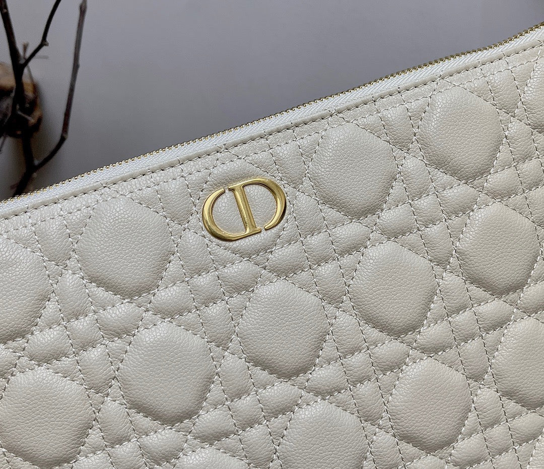 Dior Large Caro Daily Pouch In White With Calfskin