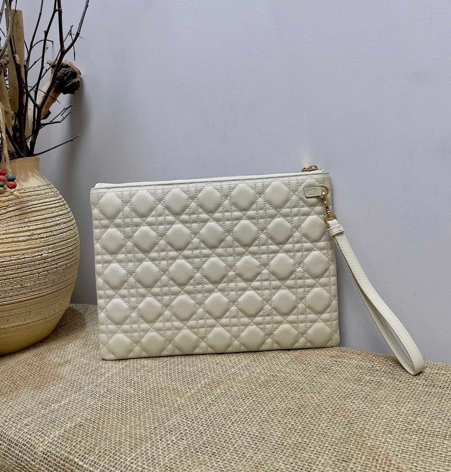 Dior Large Caro Daily Pouch In White With Calfskin