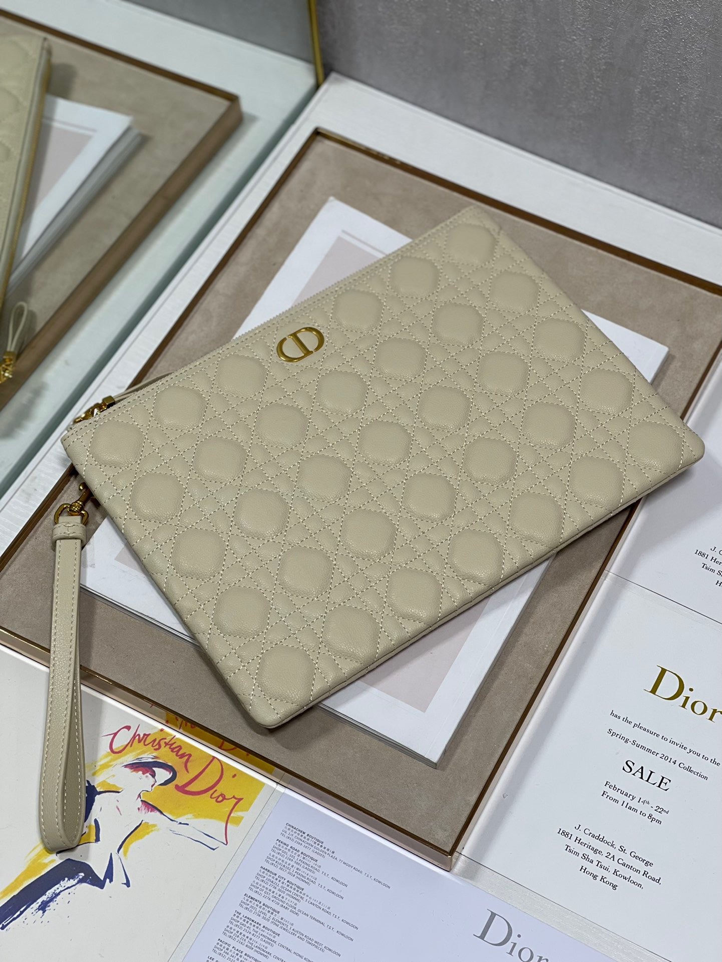 Dior Large Caro Daily Pouch In Beige With Calfskin