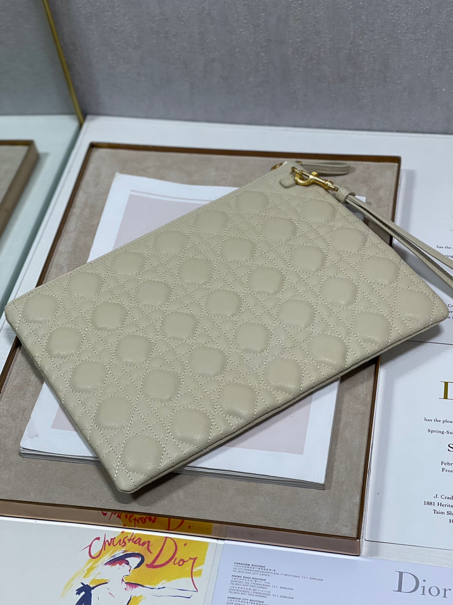 Dior Large Caro Daily Pouch In Beige With Calfskin