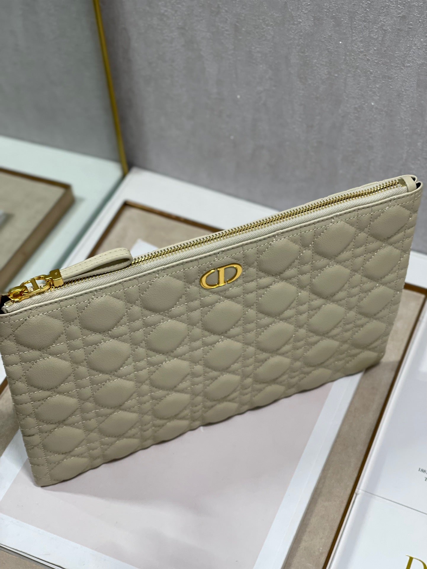 Dior Large Caro Daily Pouch In Beige With Calfskin