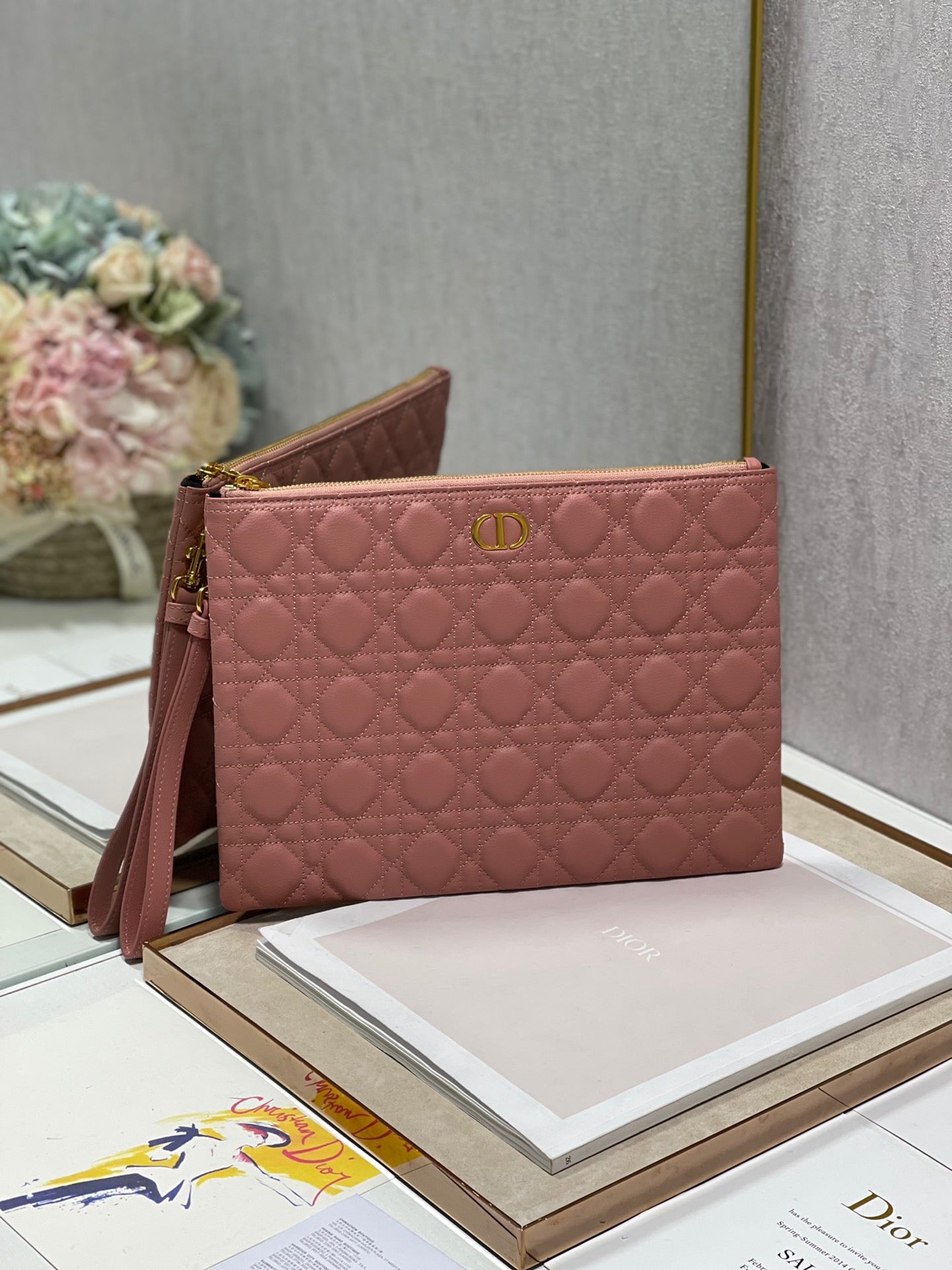 Dior Large Caro Daily Pouch In Bean Paste Color With Calfskin