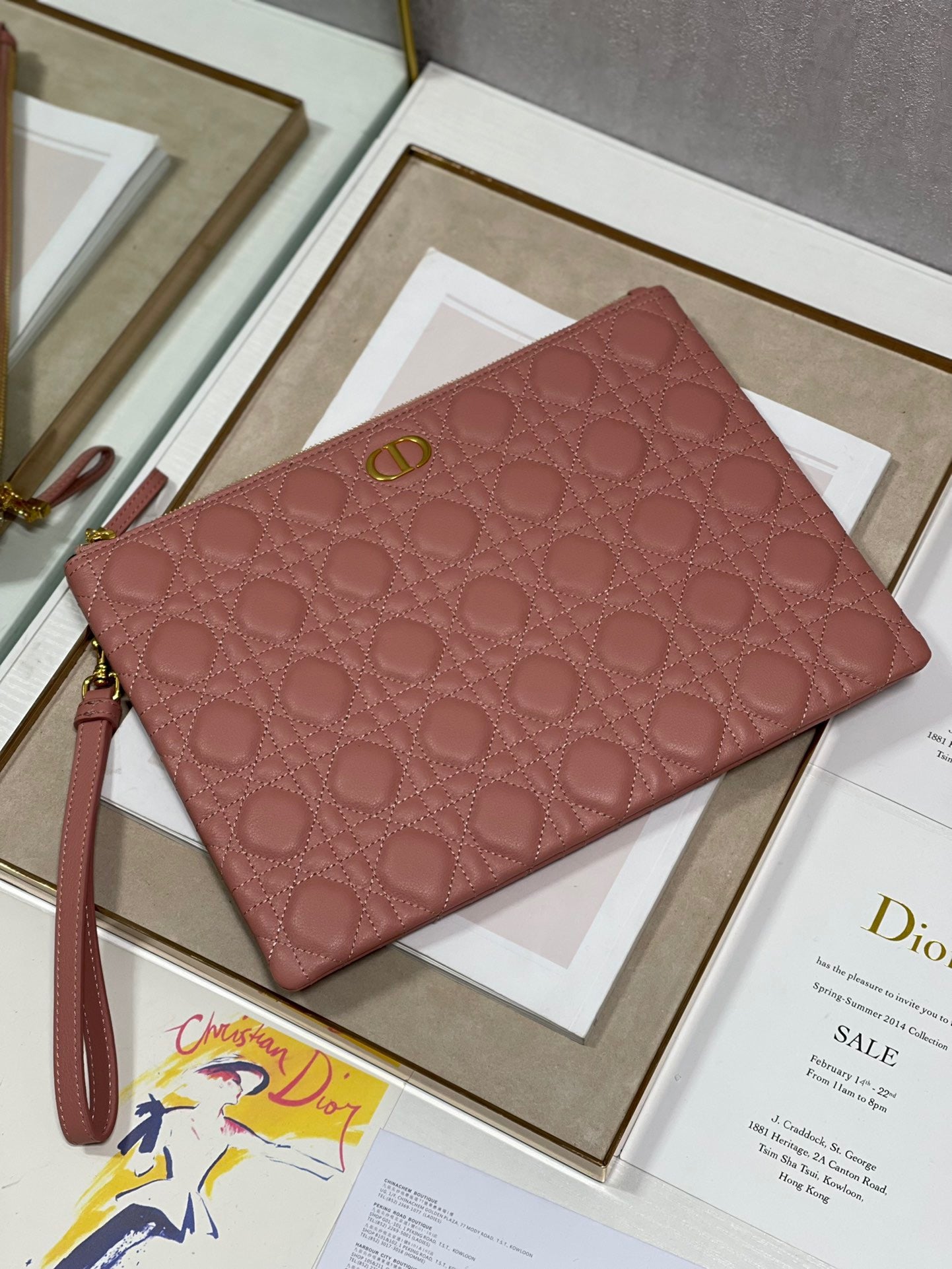 Dior Large Caro Daily Pouch In Bean Paste Color With Calfskin