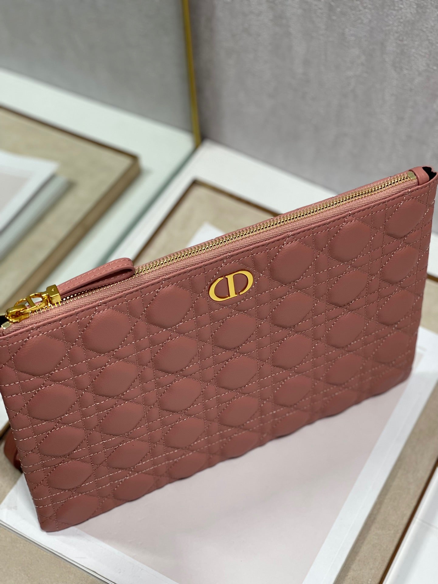 Dior Large Caro Daily Pouch In Bean Paste Color With Calfskin