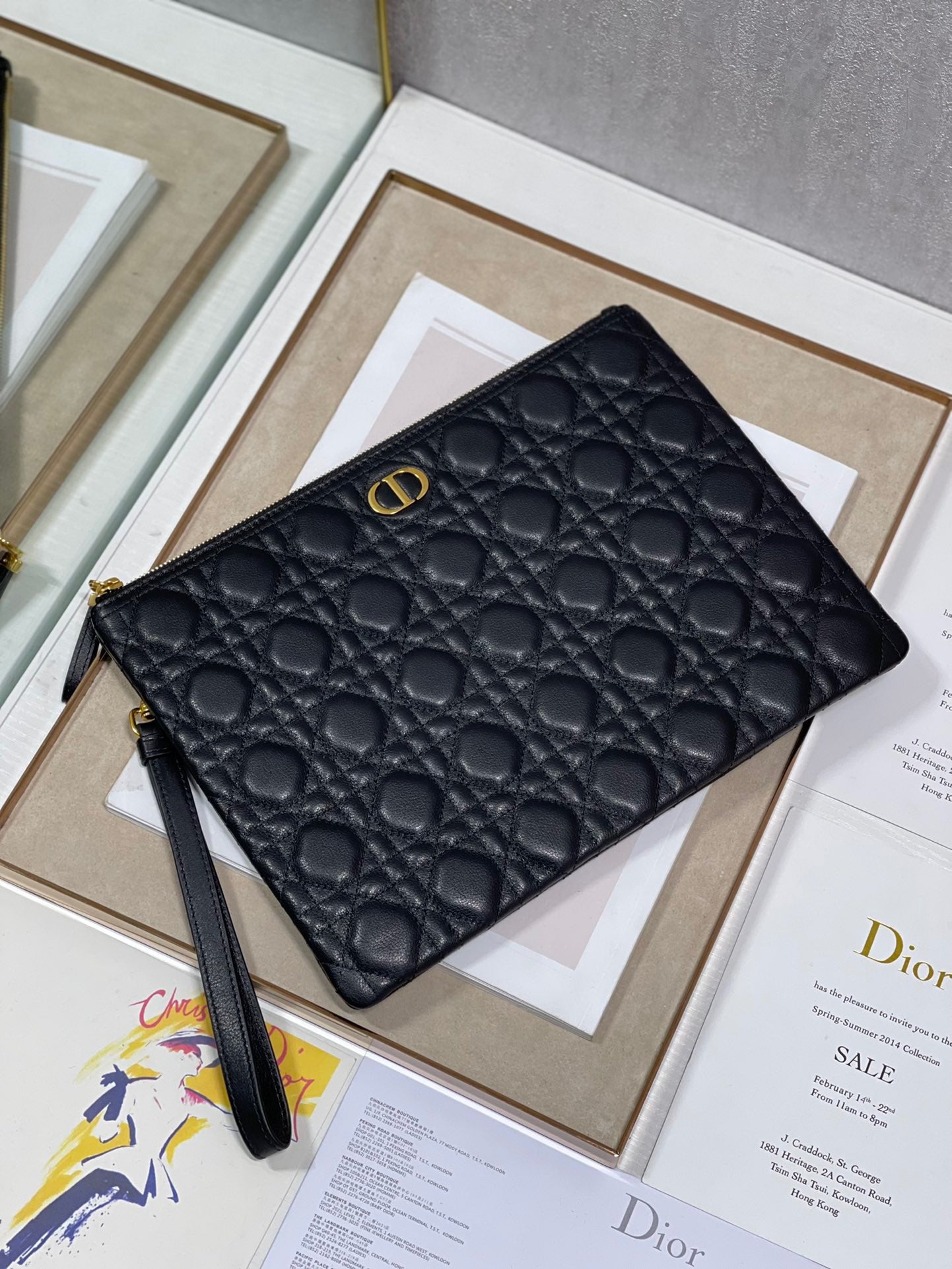 Dior Large Caro Daily Pouch In Black With Calfskin