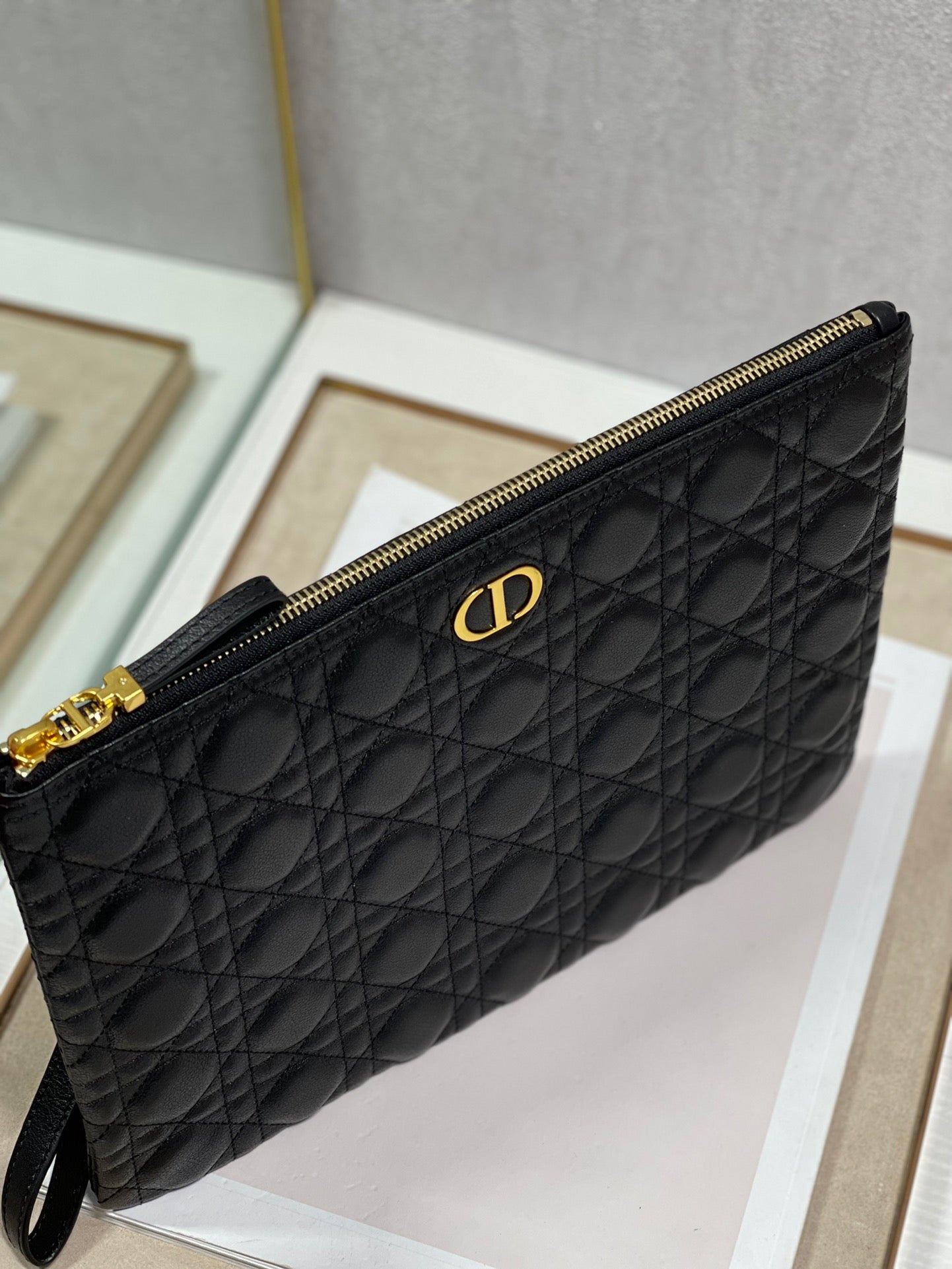 Dior Large Caro Daily Pouch In Black With Calfskin