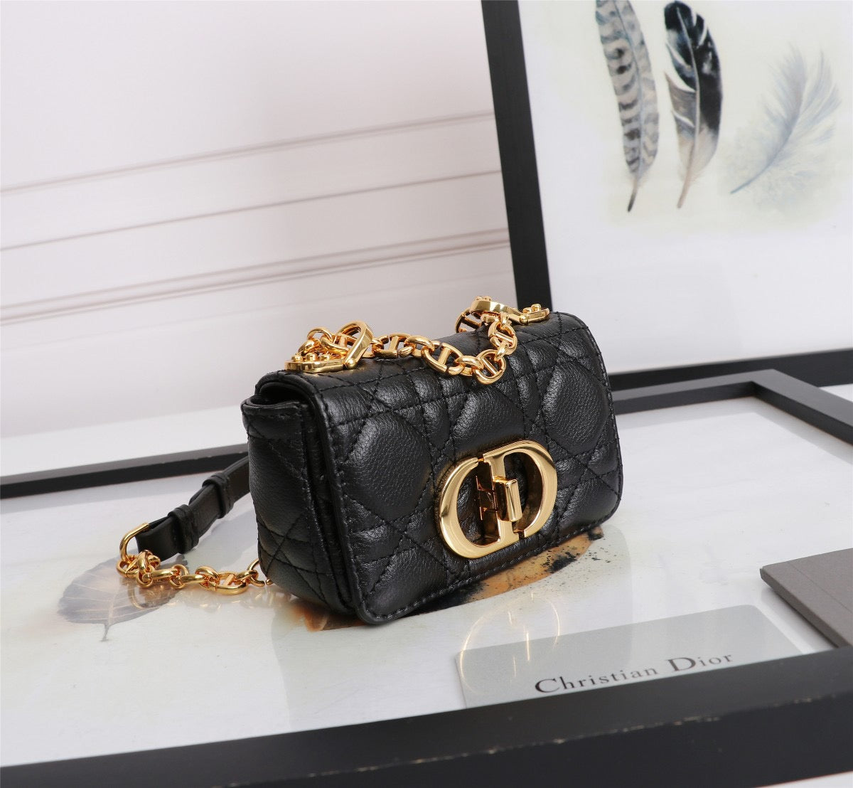 Dior Caro Super Mini Bag In Black Cannage Calfskin