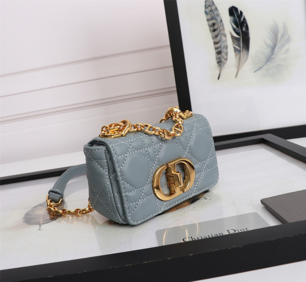 Dior Caro Super Mini Bag In Haze Blue Cannage Calfskin