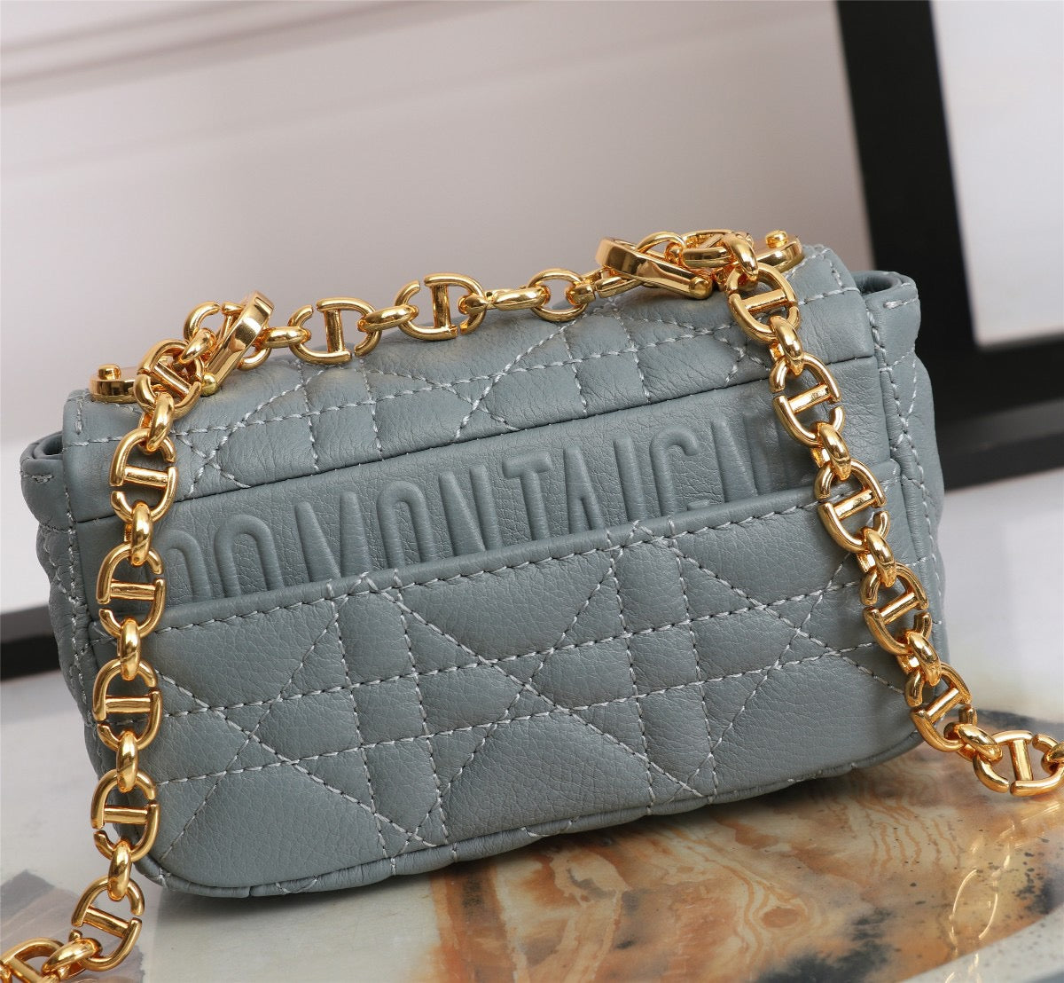 Dior Caro Super Mini Bag In Haze Blue Cannage Calfskin