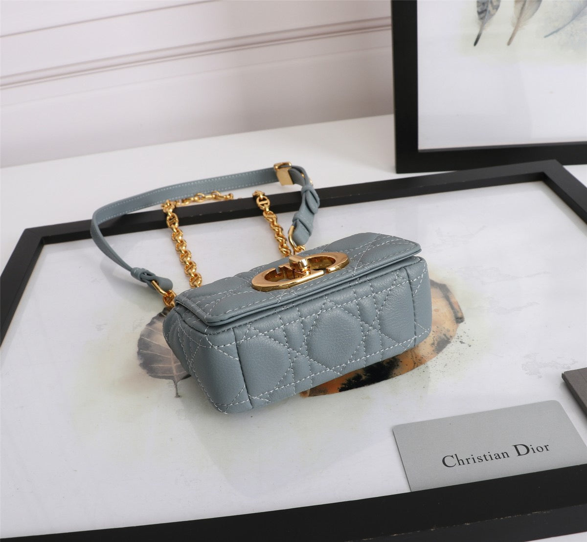 Dior Caro Super Mini Bag In Haze Blue Cannage Calfskin