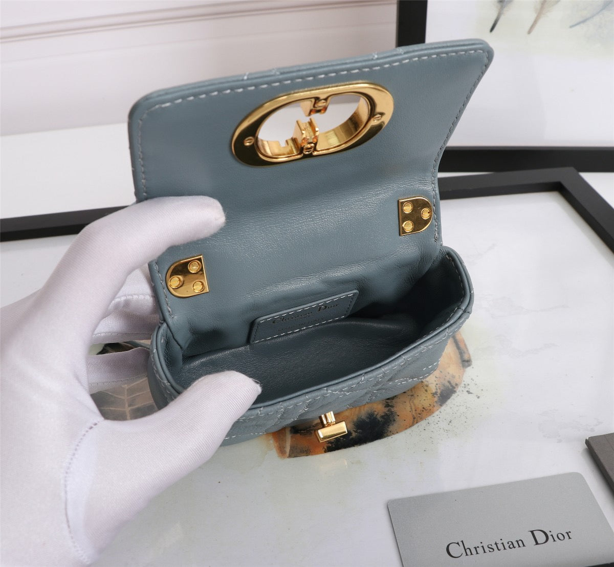 Dior Caro Super Mini Bag In Haze Blue Cannage Calfskin