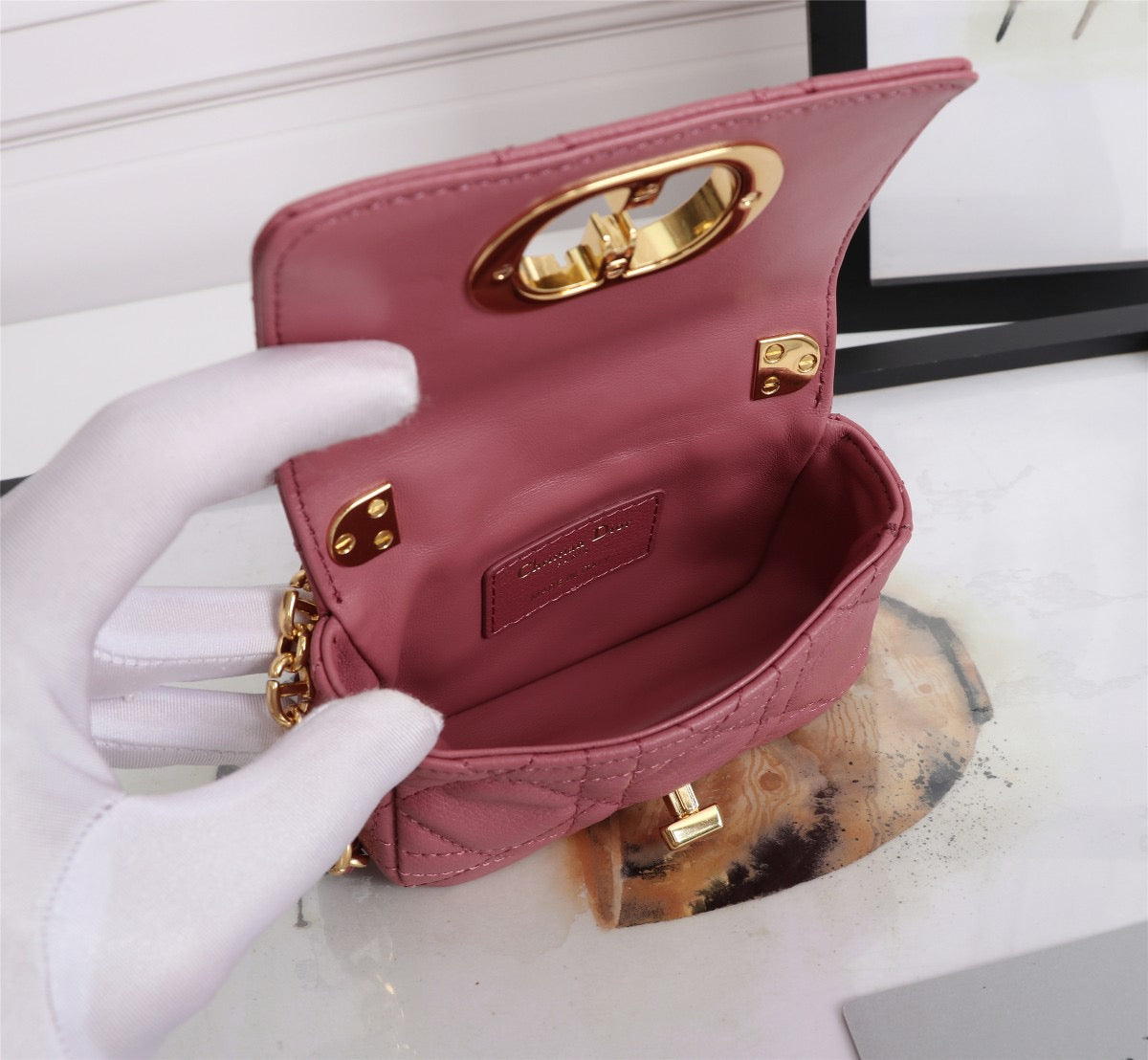 Dior Caro Super Mini Bag In Pink Cannage Calfskin