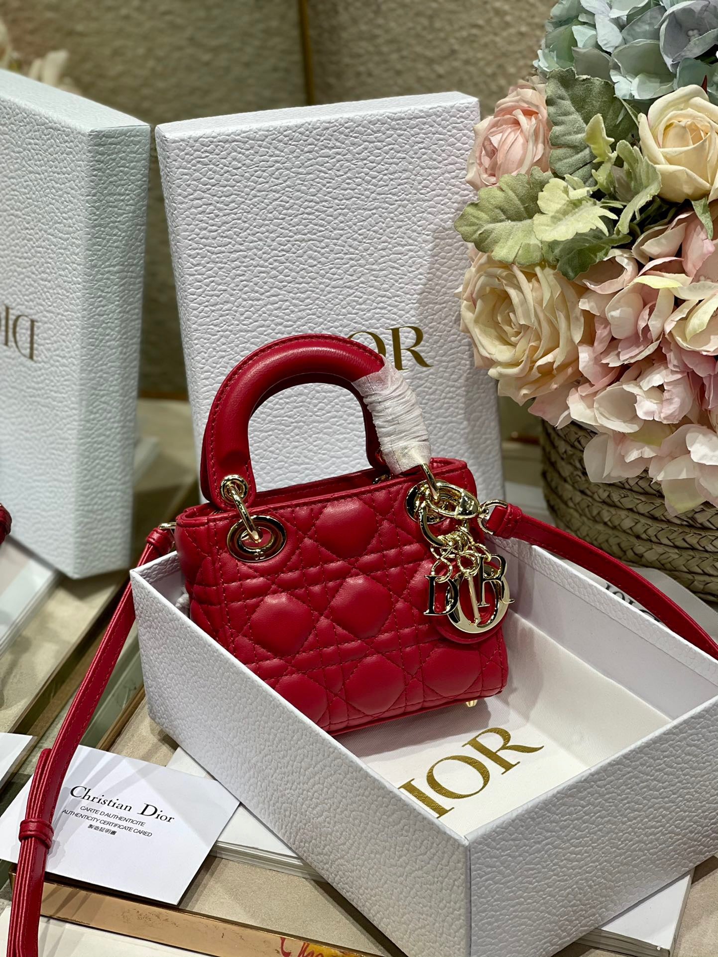 Dior Lady Dior Mini Chain Bag With Chain In Red Calfskin