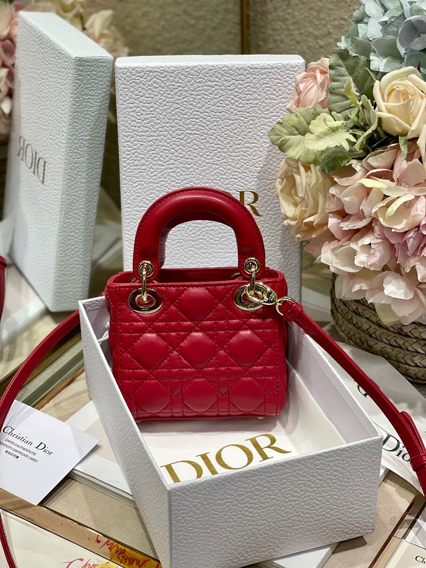 Dior Lady Dior Mini Chain Bag With Chain In Red Calfskin