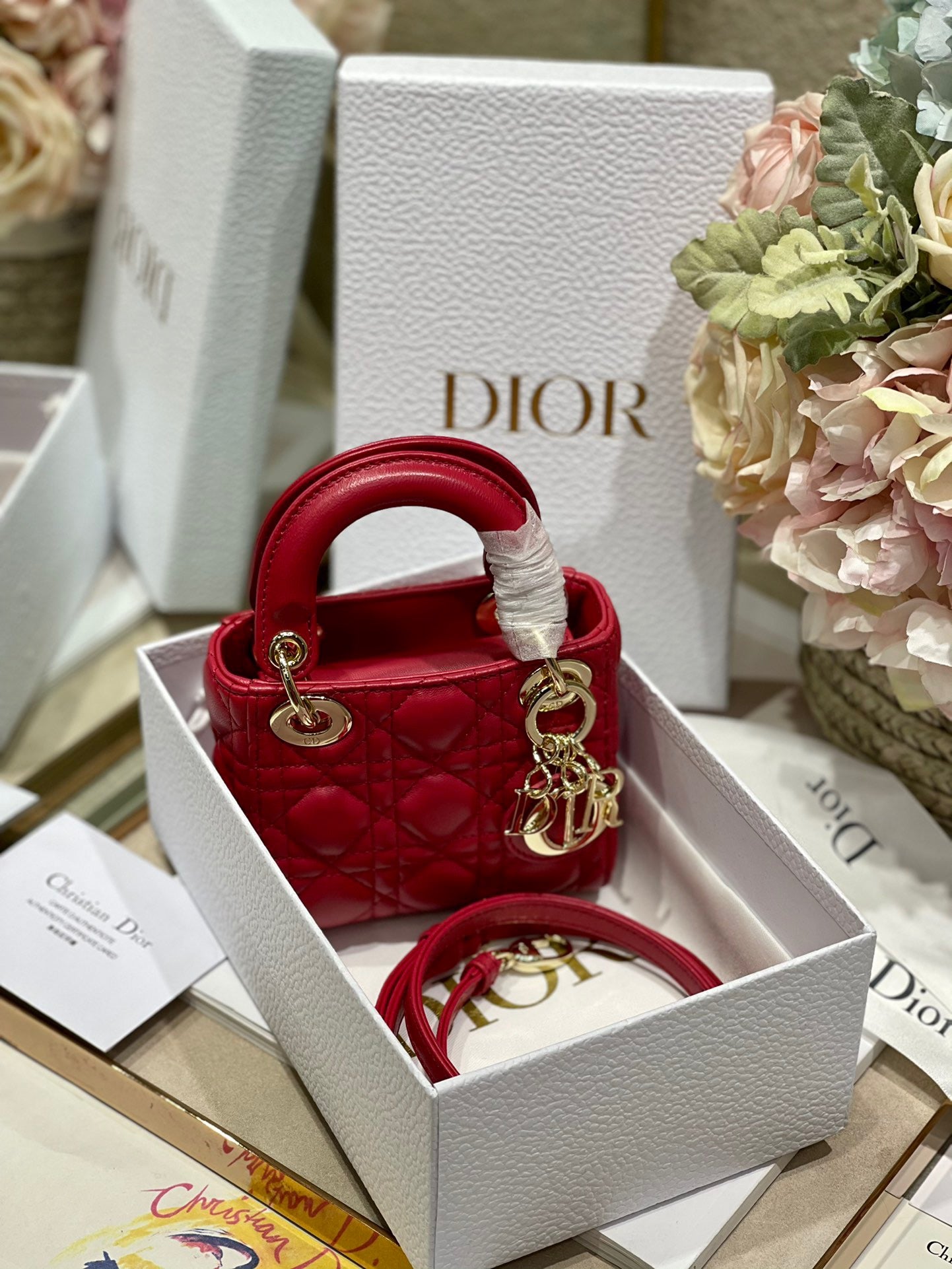 Dior Lady Dior Mini Chain Bag With Chain In Red Calfskin