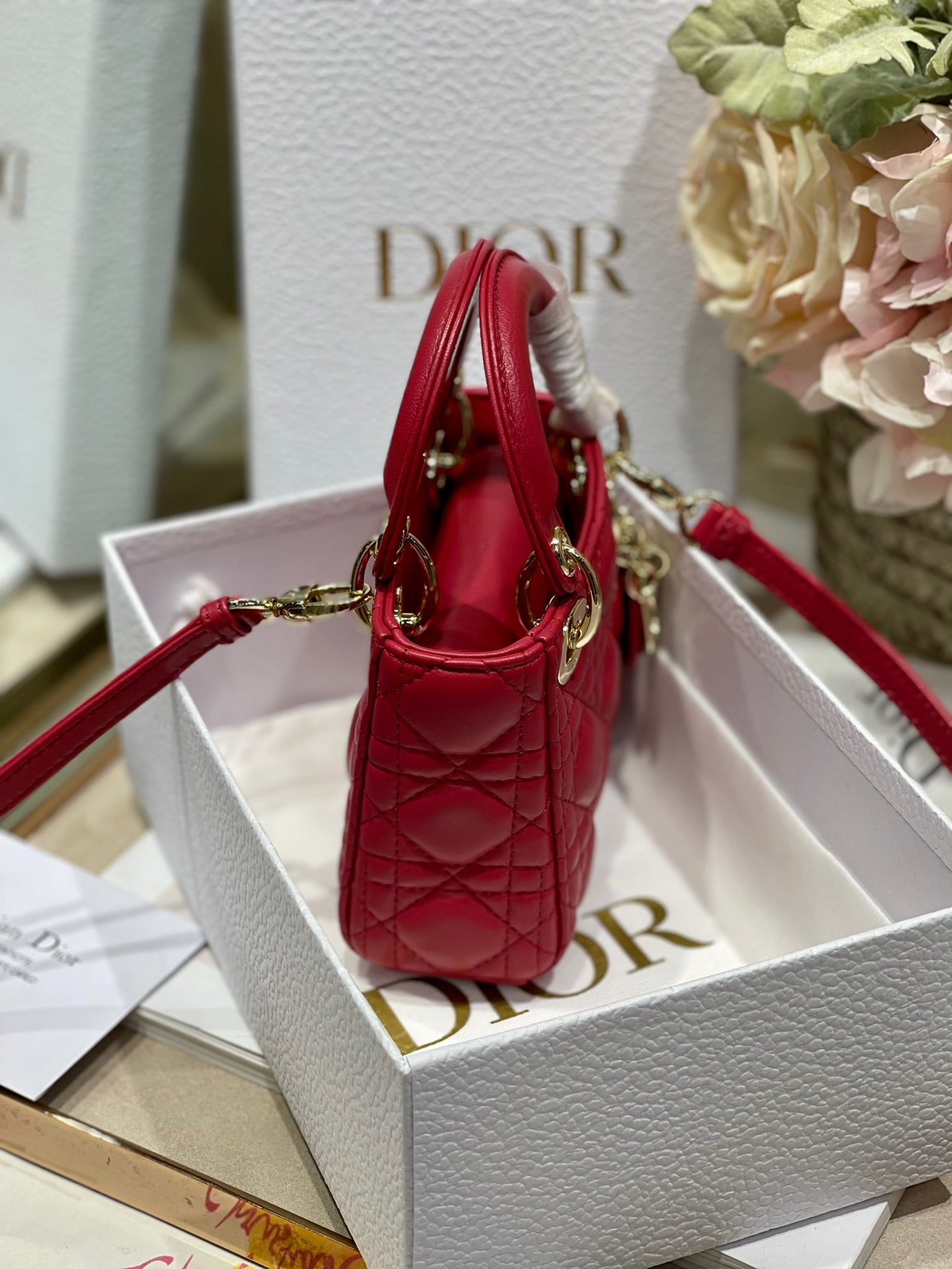 Dior Lady Dior Mini Chain Bag With Chain In Red Calfskin