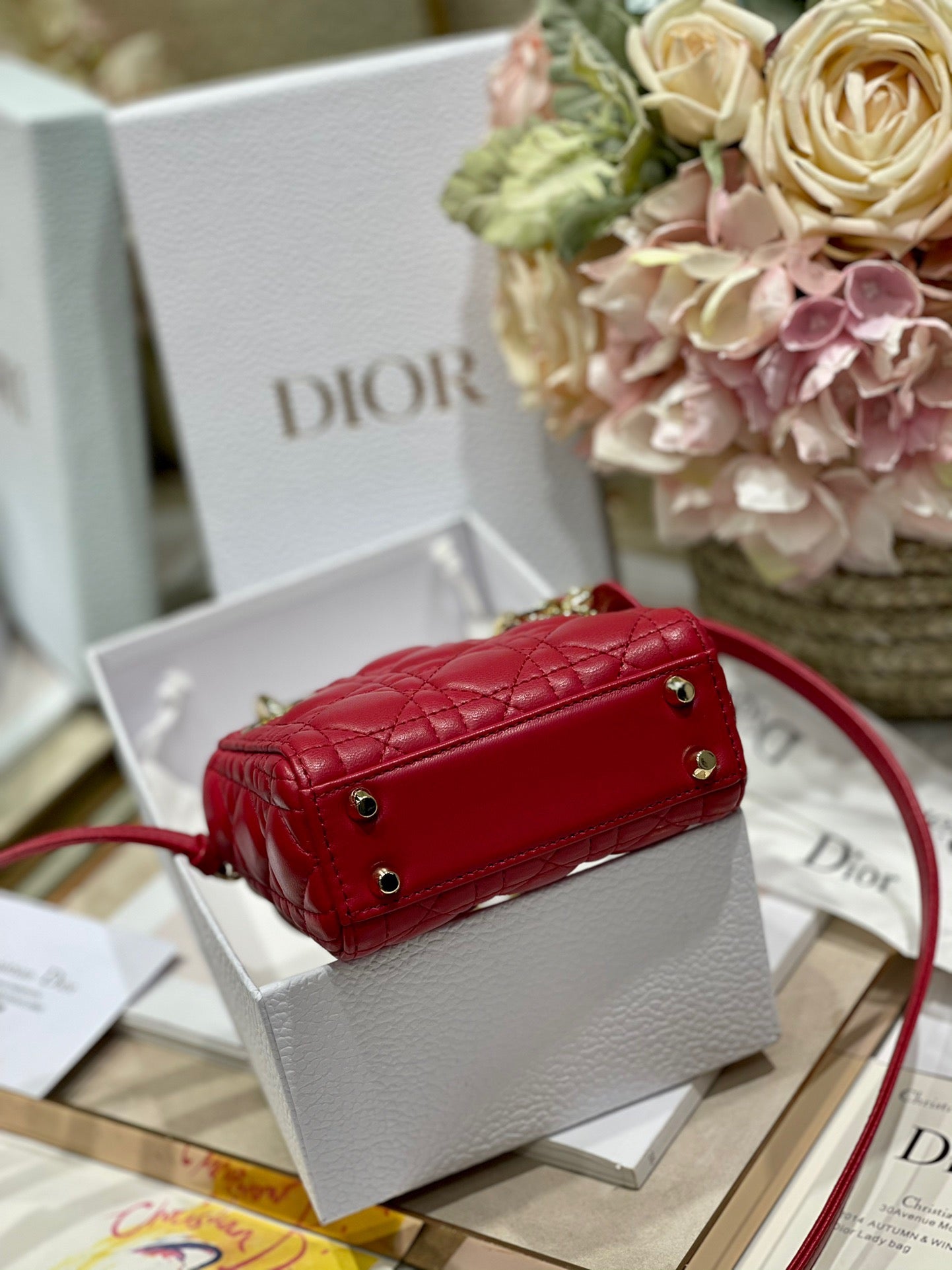 Dior Lady Dior Mini Chain Bag With Chain In Red Calfskin