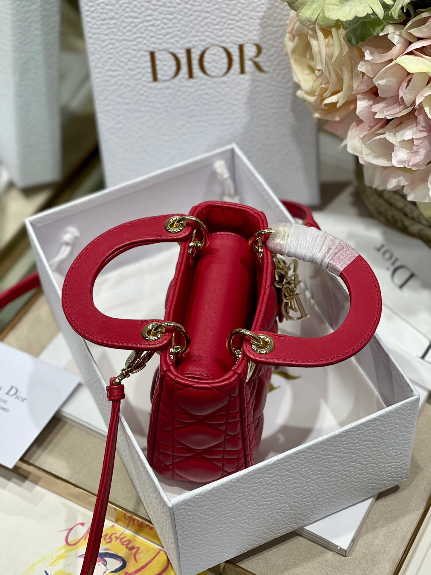 Dior Lady Dior Mini Chain Bag With Chain In Red Calfskin