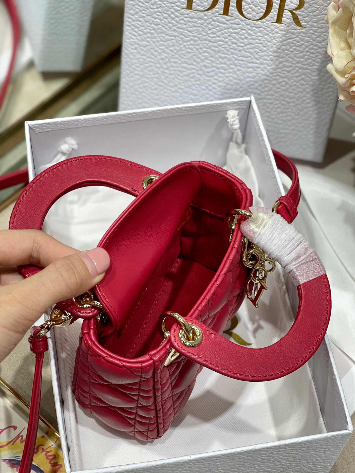 Dior Lady Dior Mini Chain Bag With Chain In Red Calfskin