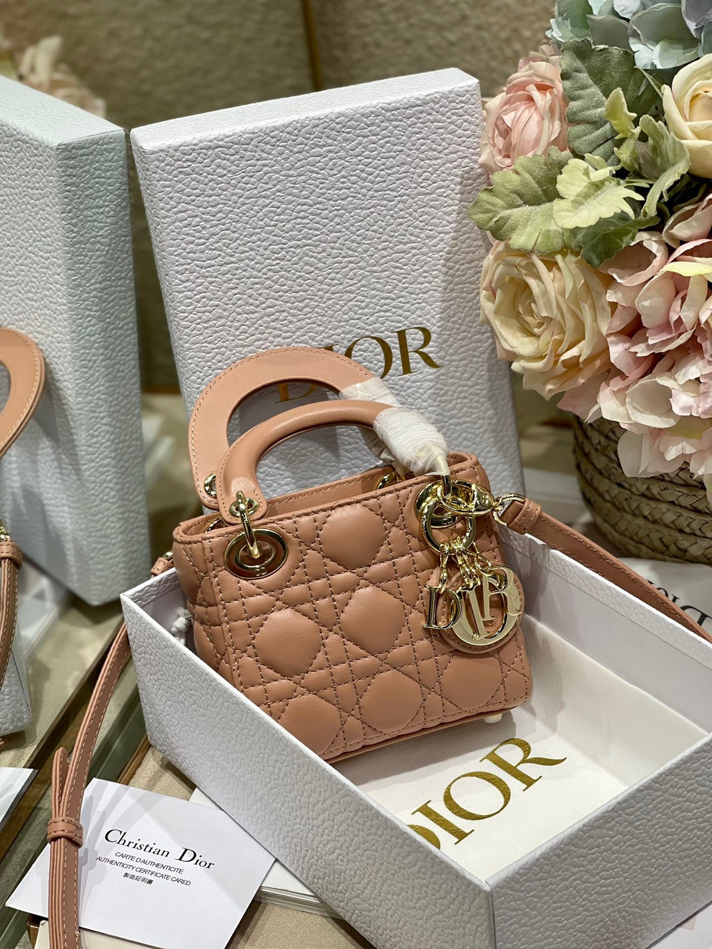 Dior Lady Dior Micro Bag In Nude Cannage Calfskin