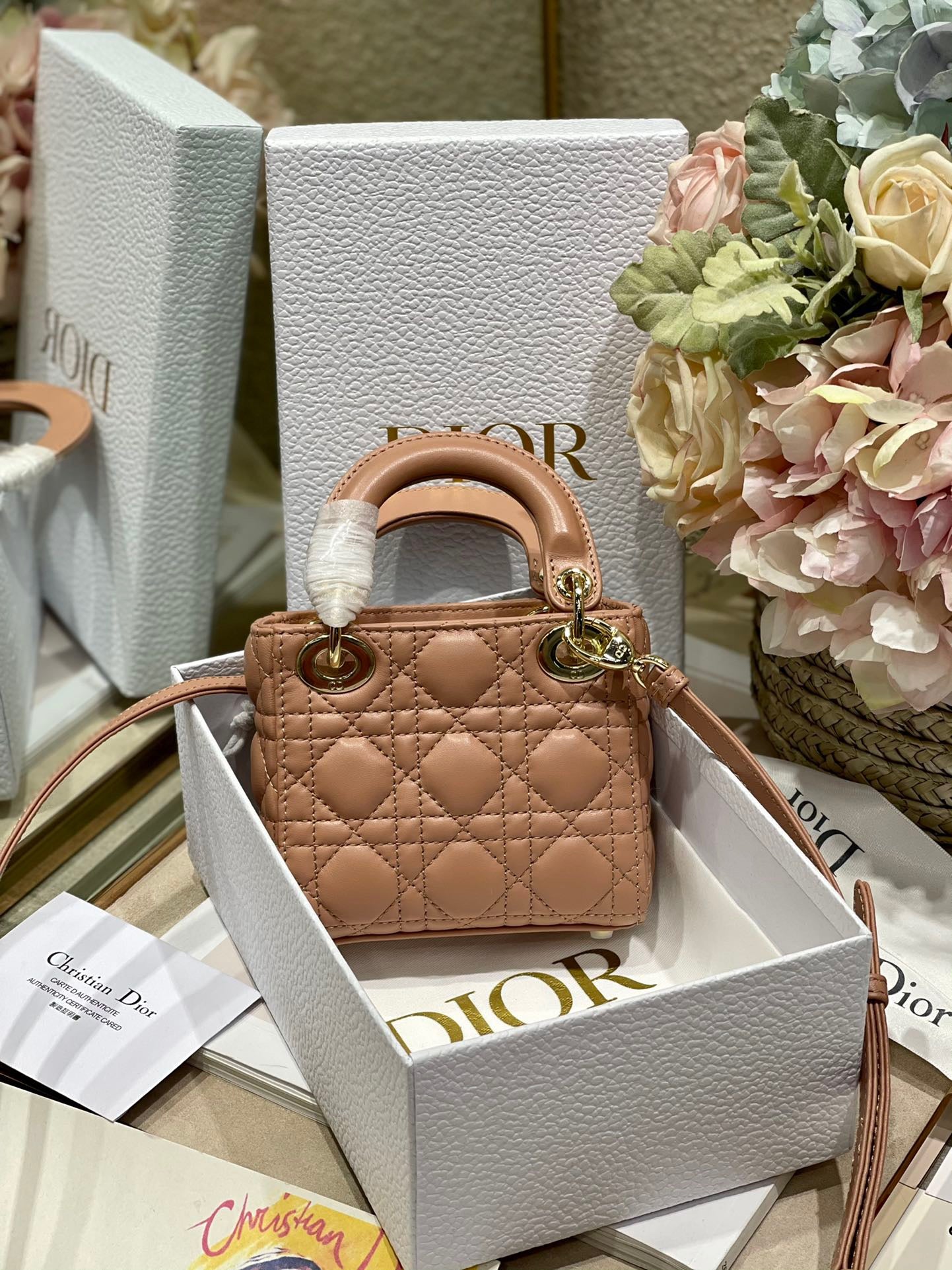 Dior Lady Dior Micro Bag In Nude Cannage Calfskin