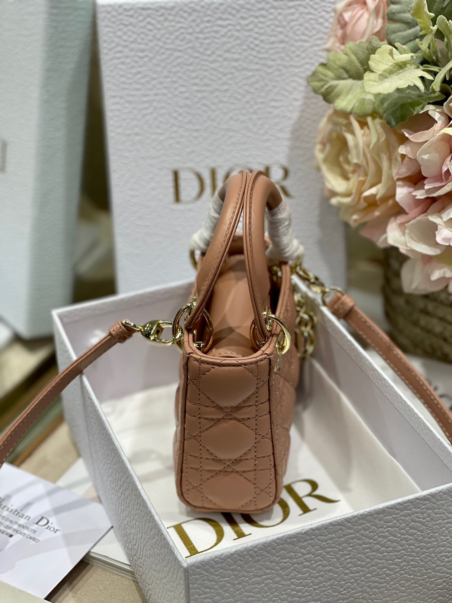 Dior Lady Dior Mini Chain Bag With Chain In Light Pink Calfskin