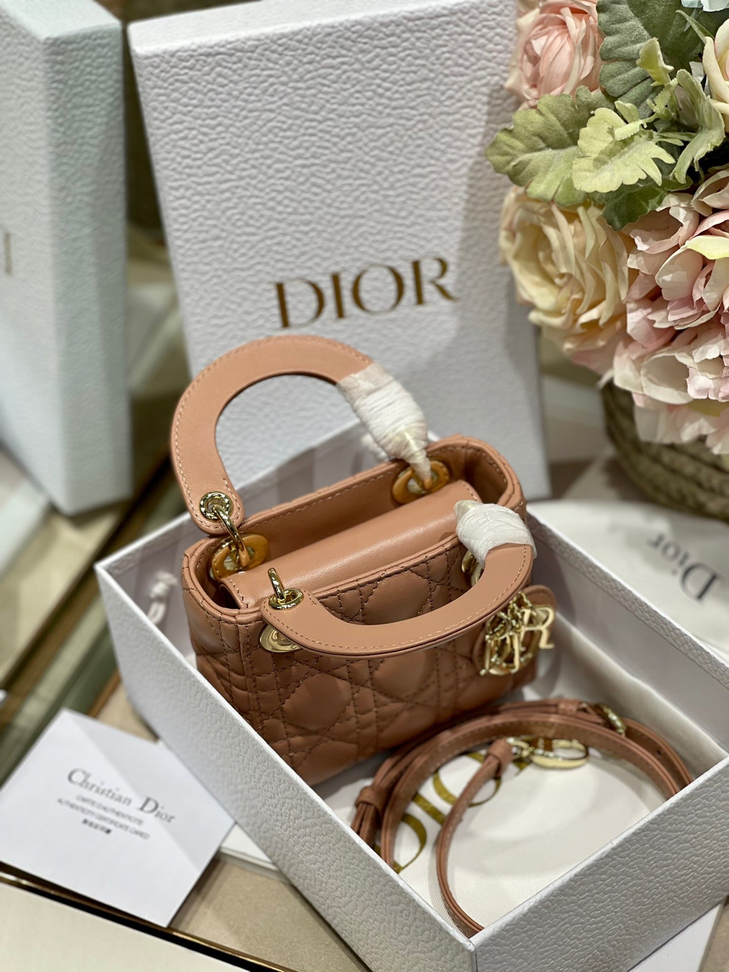 Dior Lady Dior Micro Bag In Nude Cannage Calfskin
