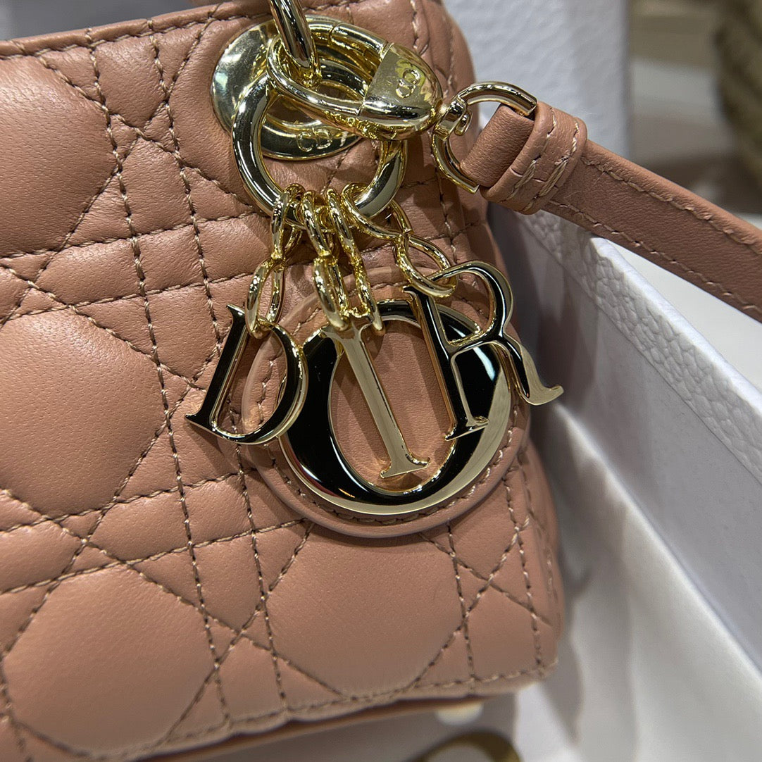 Dior Lady Dior Mini Chain Bag With Chain In Light Pink Calfskin