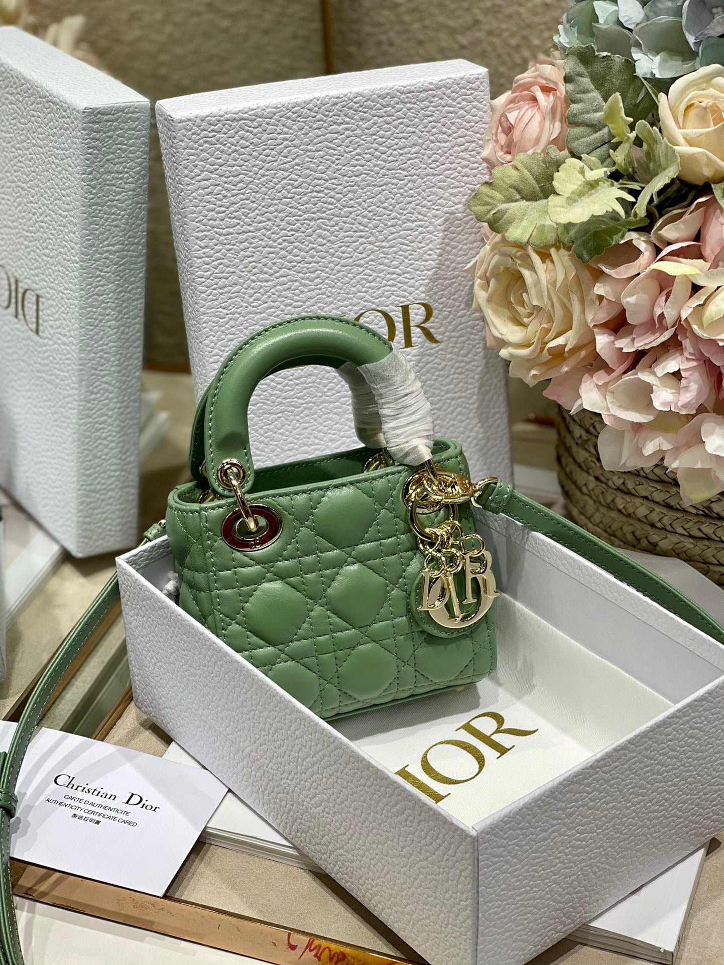 Dior Lady Dior Mini Chain Bag With Chain In Green Calfskin