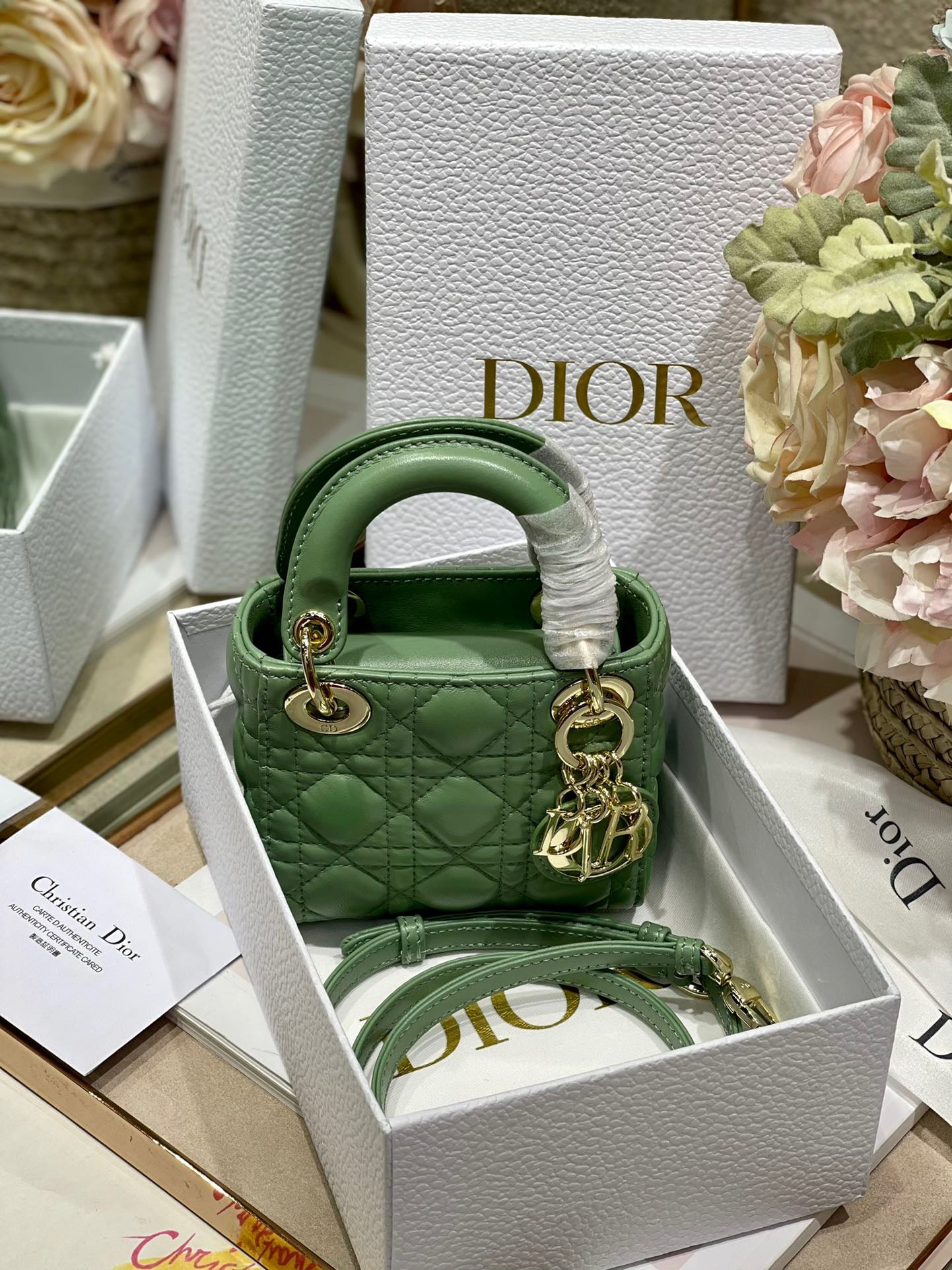 Dior Lady Dior Mini Chain Bag With Chain In Green Calfskin