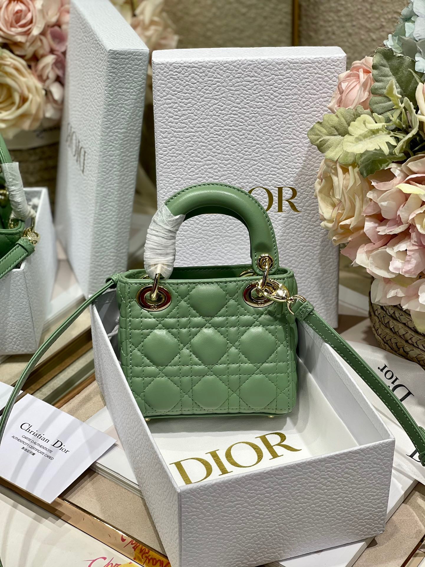 Dior Lady Dior Mini Chain Bag With Chain In Green Calfskin