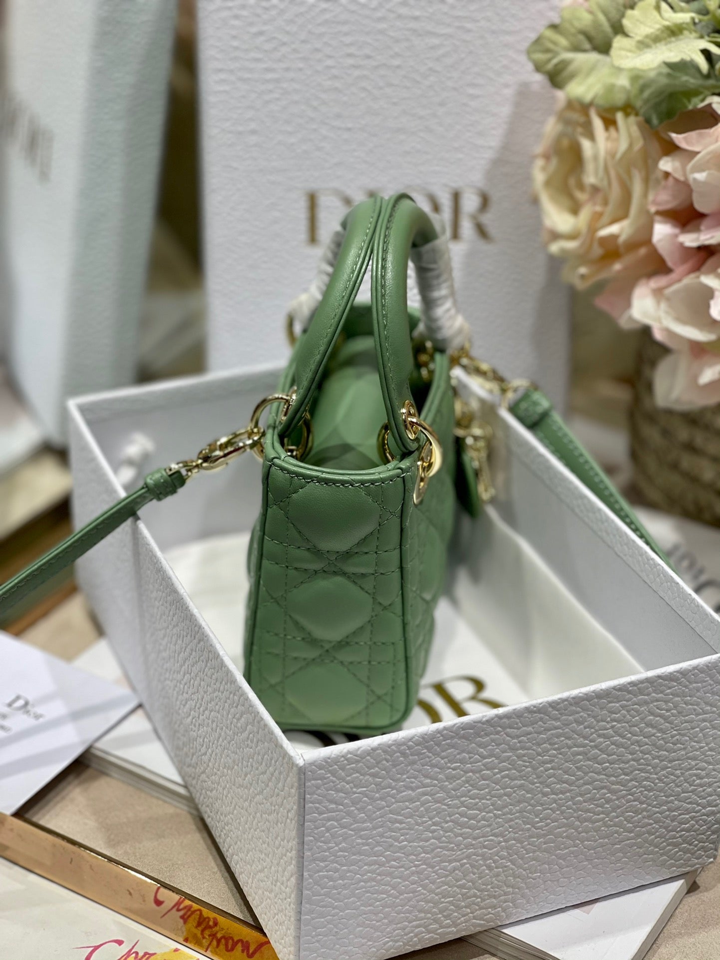 Dior Lady Dior Mini Chain Bag With Chain In Green Calfskin