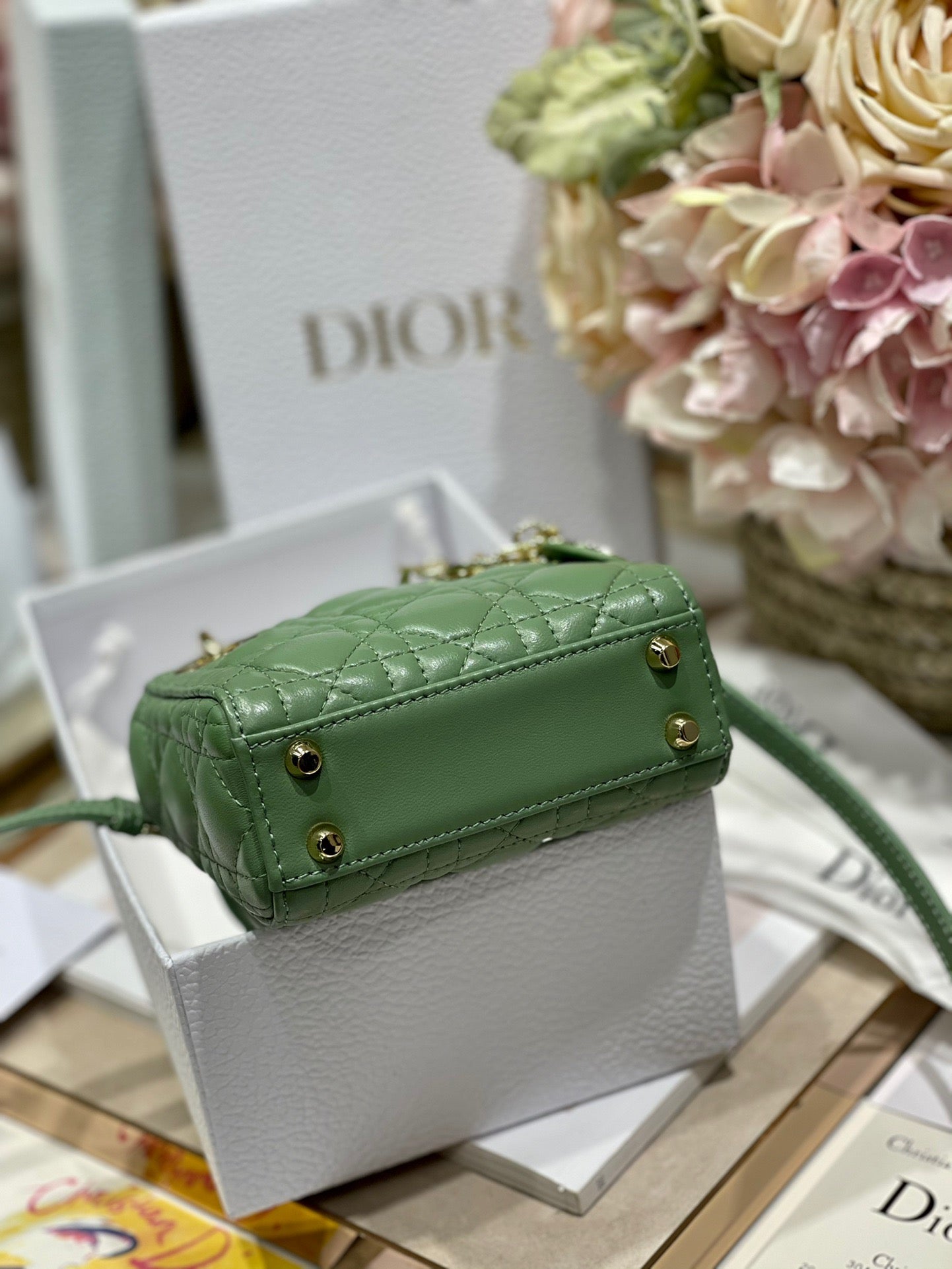 Dior Lady Dior Mini Chain Bag With Chain In Green Calfskin