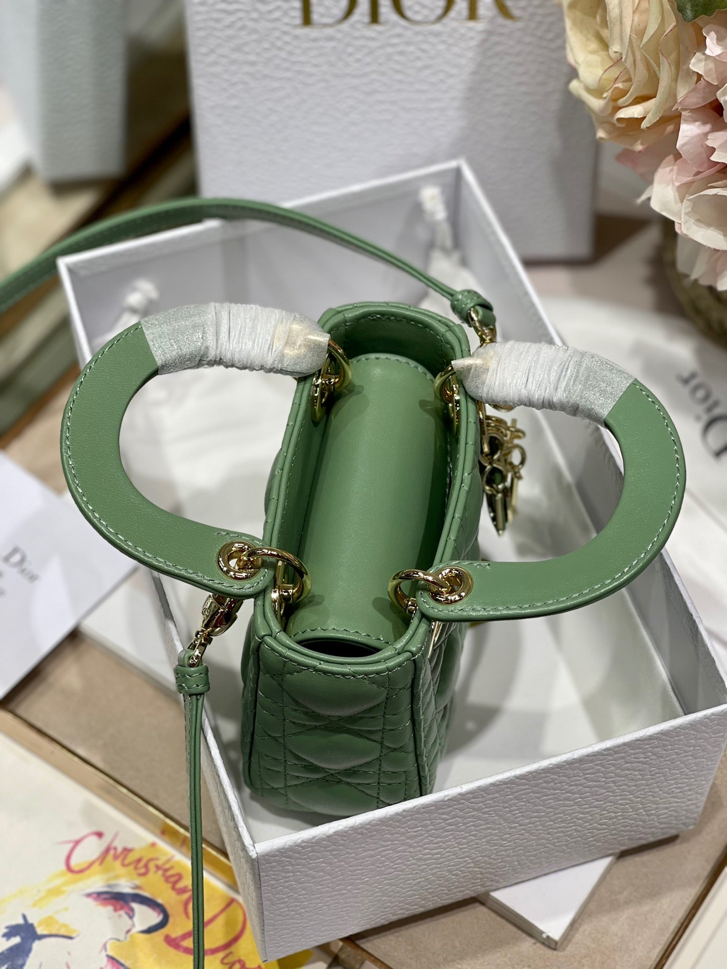 Dior Lady Dior Mini Chain Bag With Chain In Green Calfskin