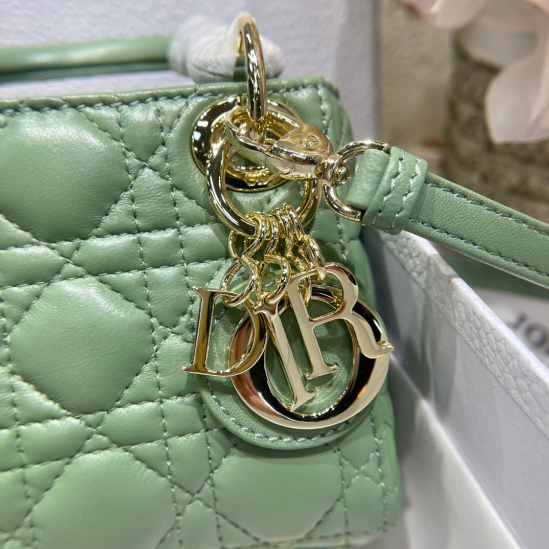 Dior Lady Dior Mini Chain Bag With Chain In Green Calfskin