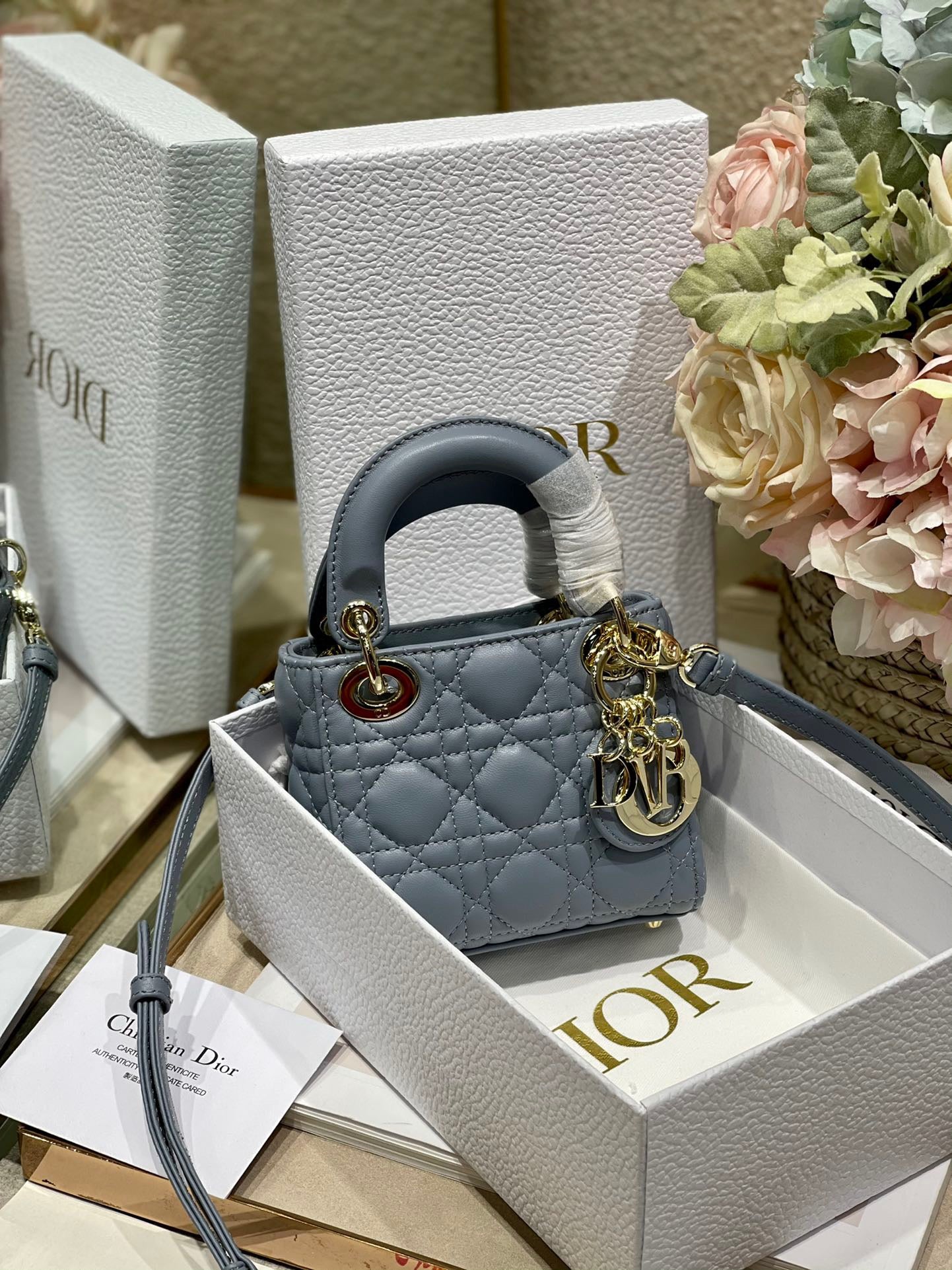 Dior Lady Dior Mini Chain Bag With Chain In Haze Blue Calfskin