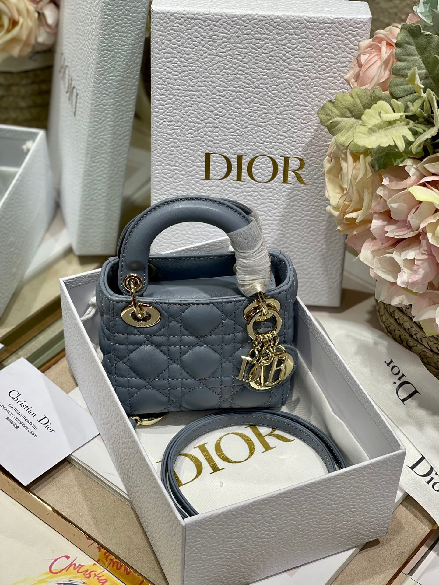 Dior Lady Dior Mini Chain Bag With Chain In Haze Blue Calfskin