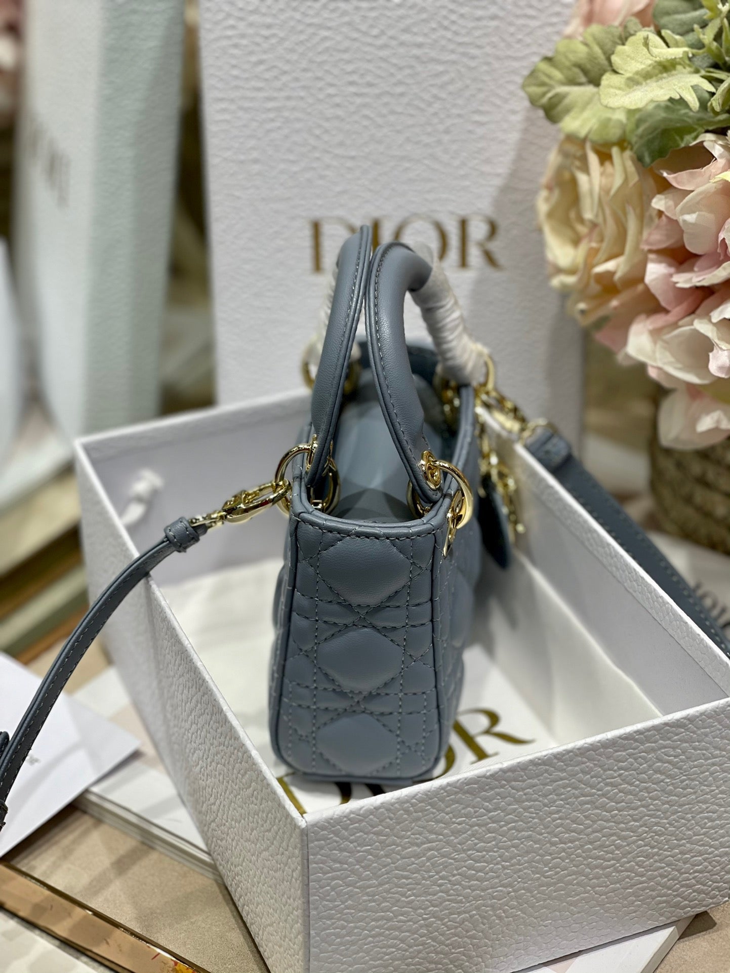 Dior Lady Dior Mini Chain Bag With Chain In Haze Blue Calfskin