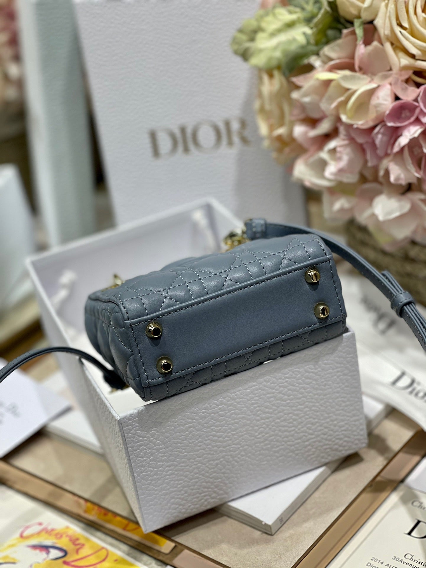 Dior Lady Dior Mini Chain Bag With Chain In Haze Blue Calfskin