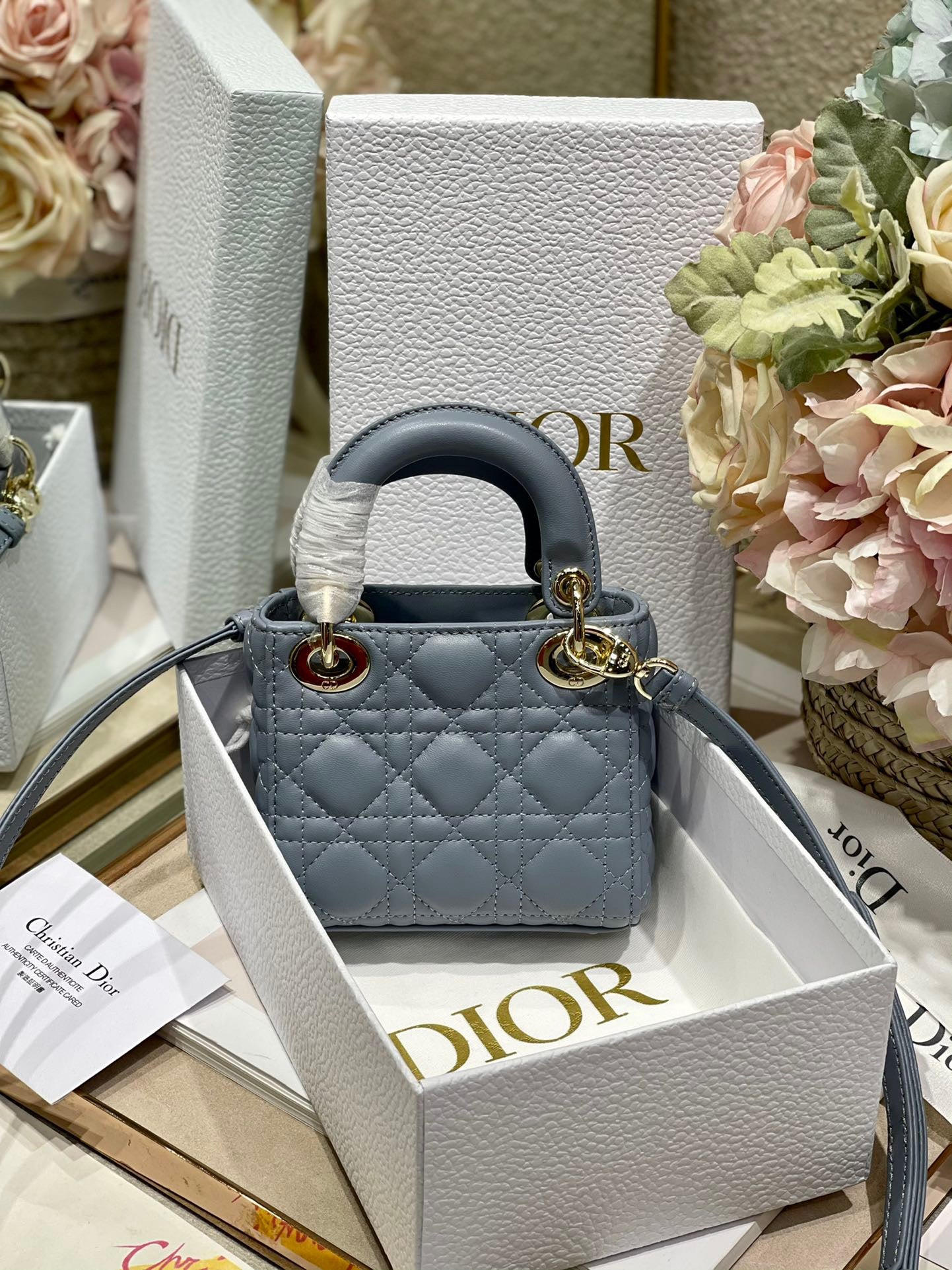 Dior Lady Dior Mini Chain Bag With Chain In Haze Blue Calfskin