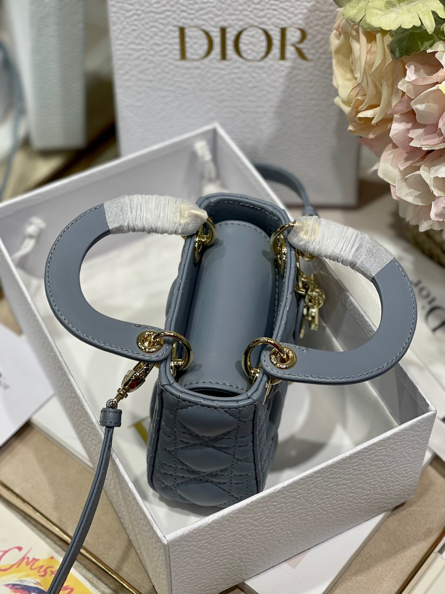 Dior Lady Dior Mini Chain Bag With Chain In Haze Blue Calfskin