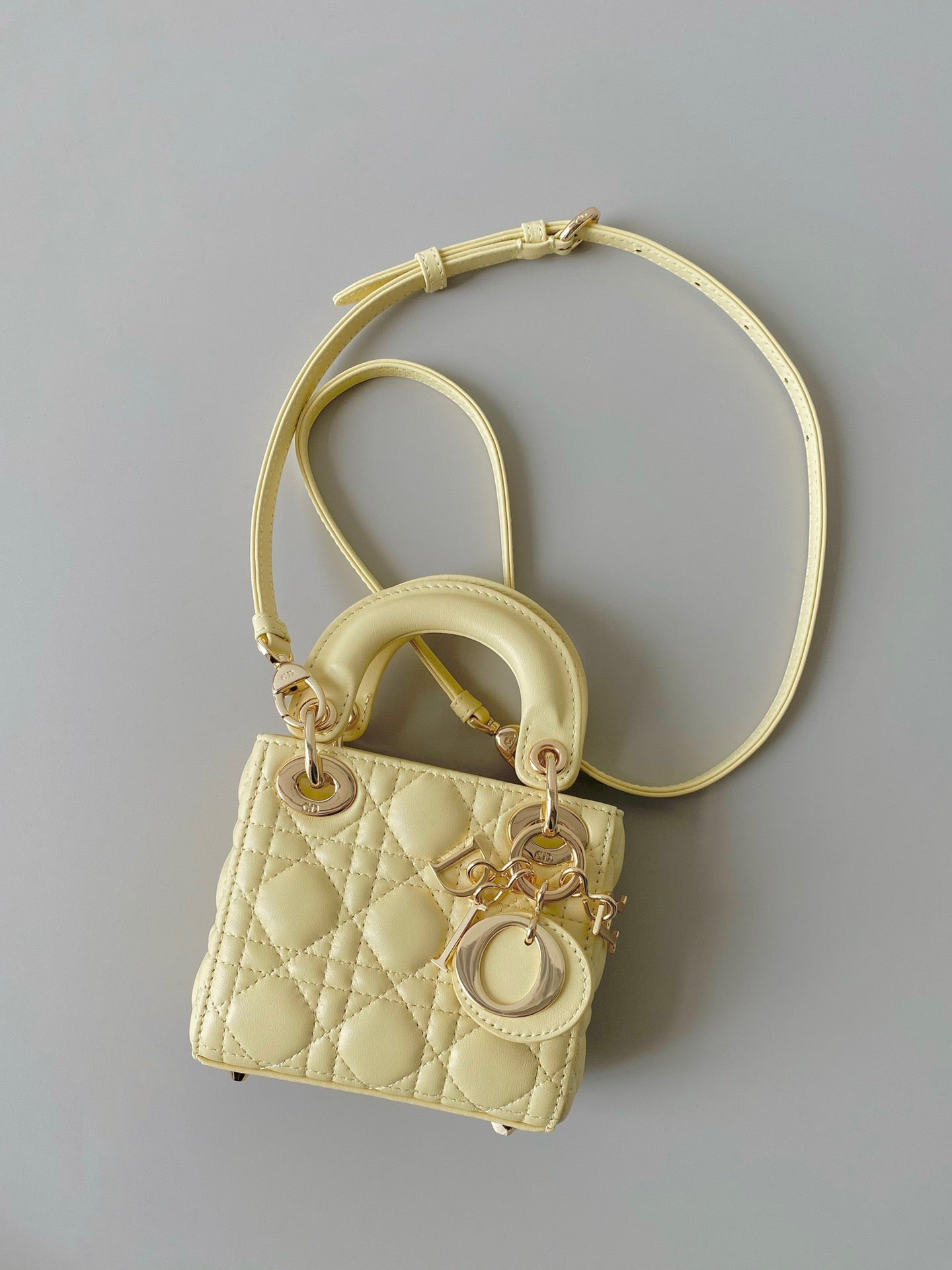 Dior Lady Dior Mini Chain Bag With Chain In Jaune Poussin Calfskin