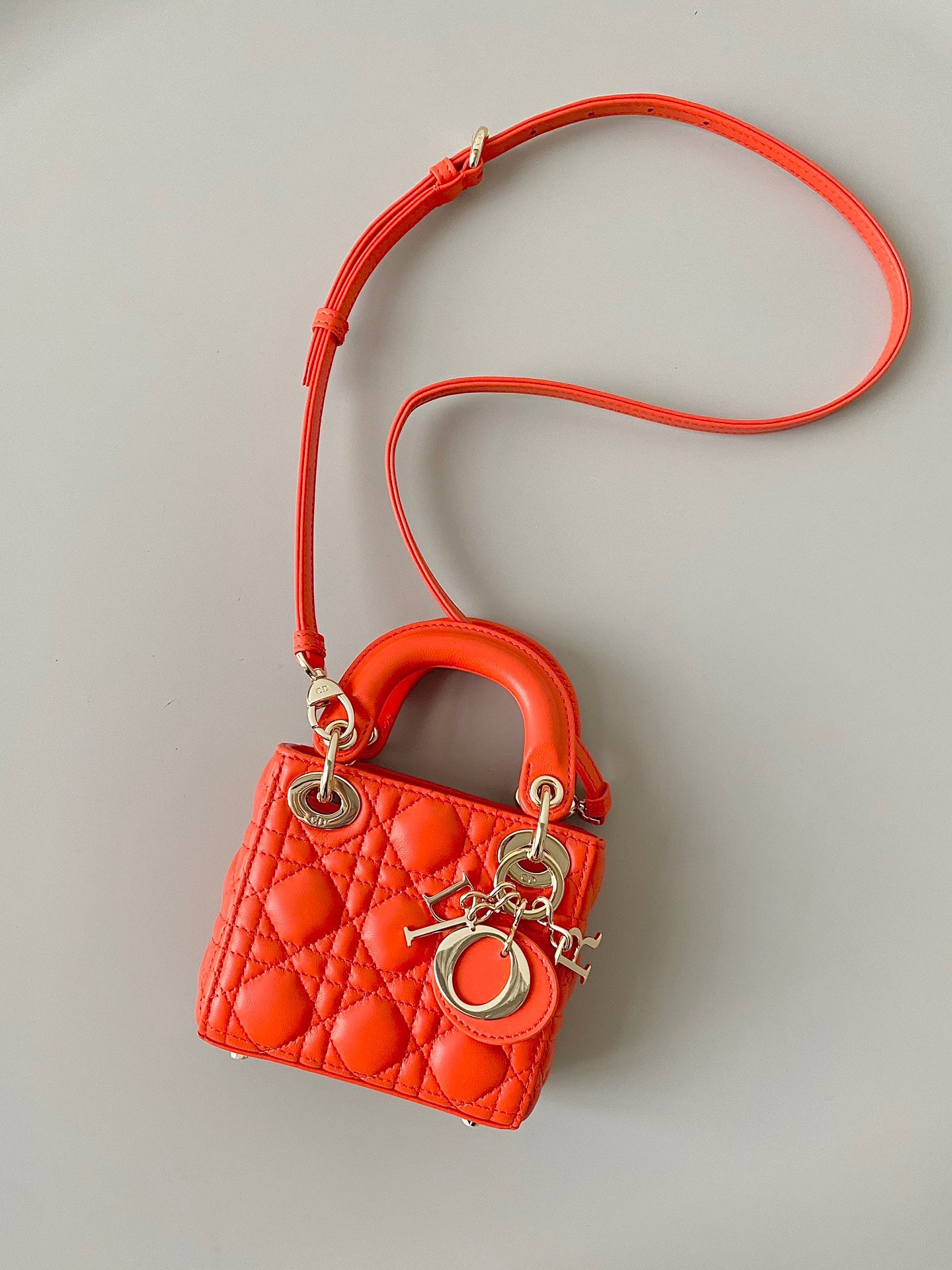 Dior Lady Dior Mini Chain Bag With Chain In Orange Calfskin