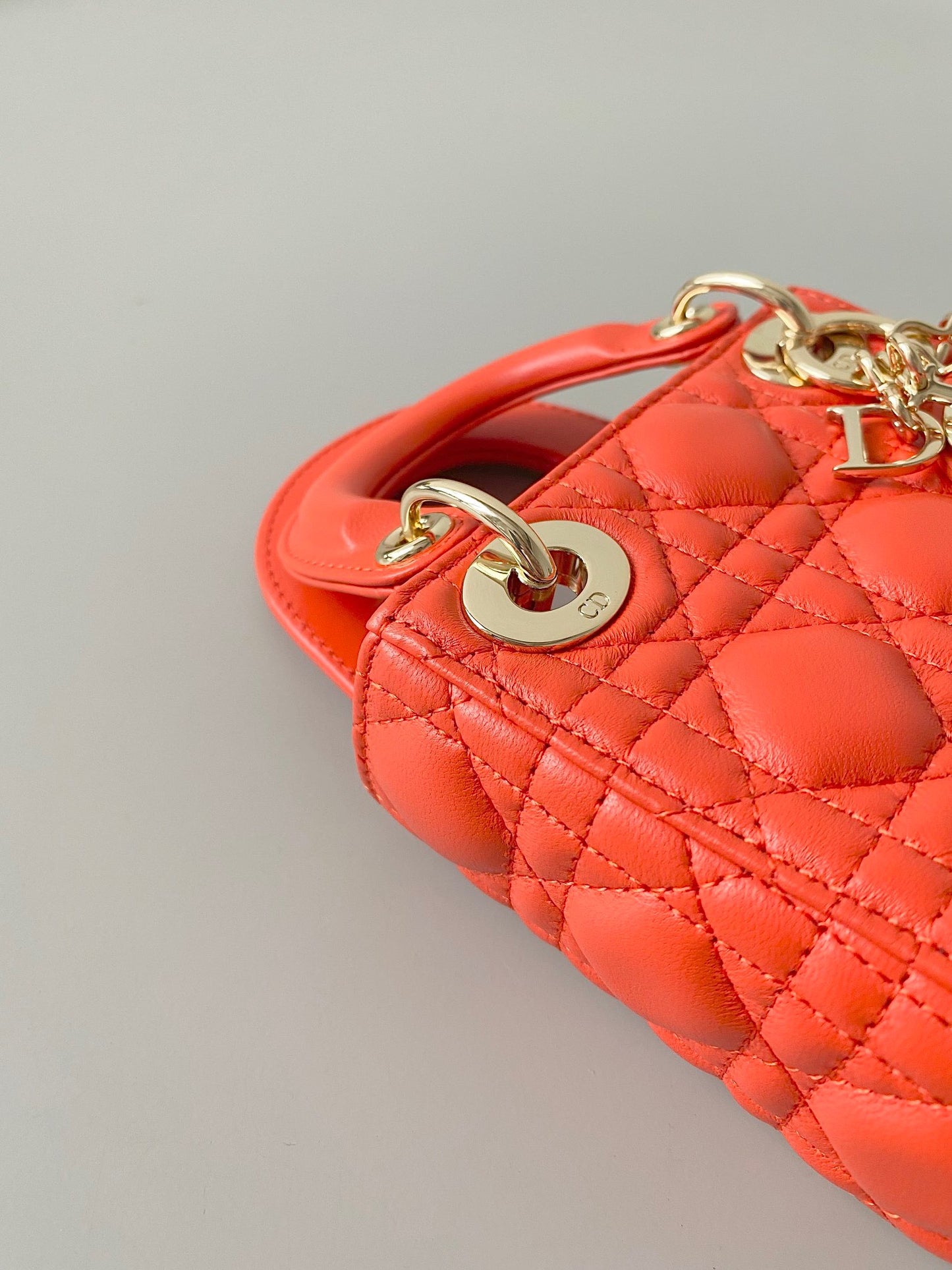 Dior Lady Dior Mini Chain Bag With Chain In Orange Calfskin