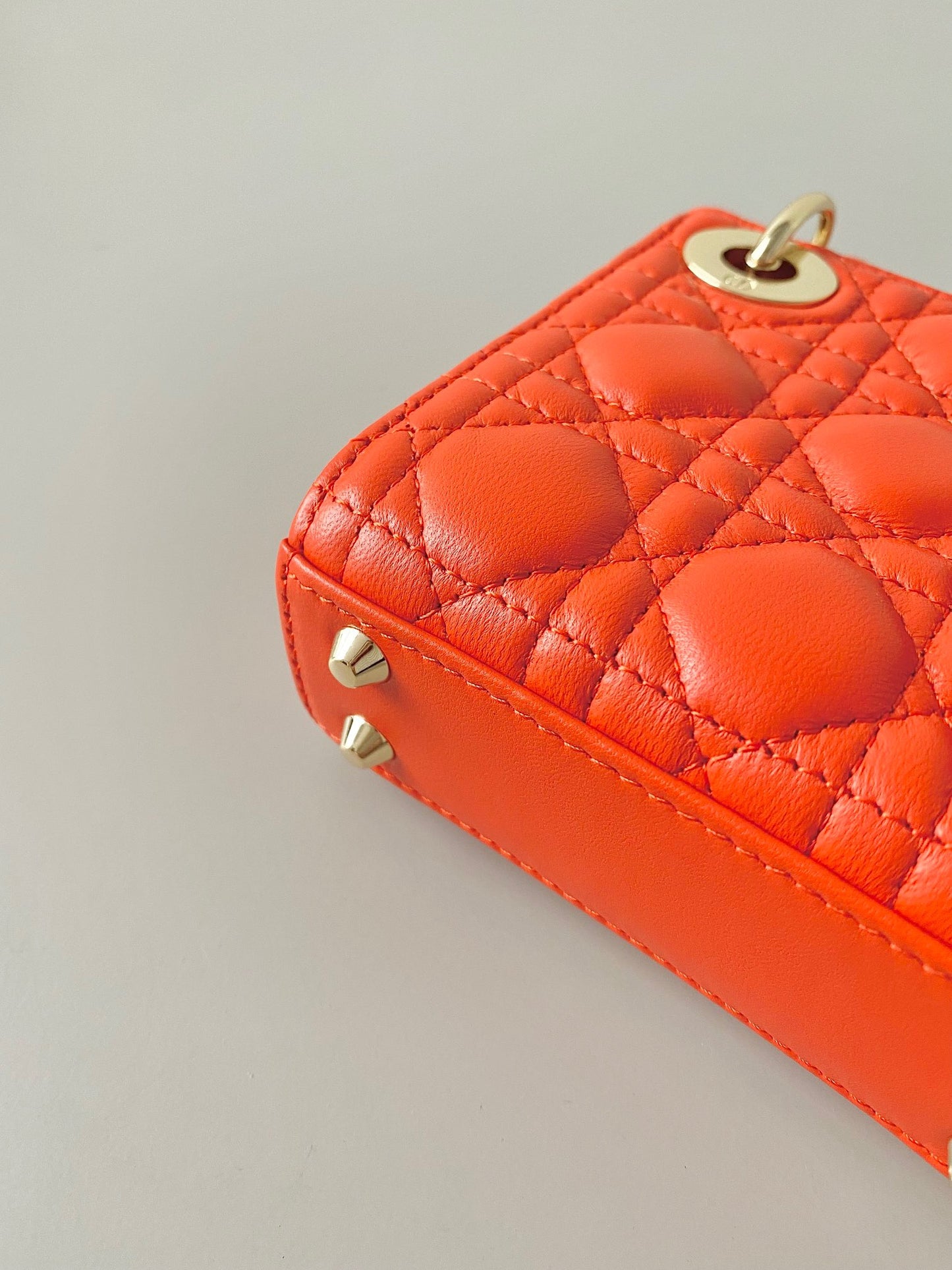 Dior Lady Dior Mini Chain Bag With Chain In Orange Calfskin